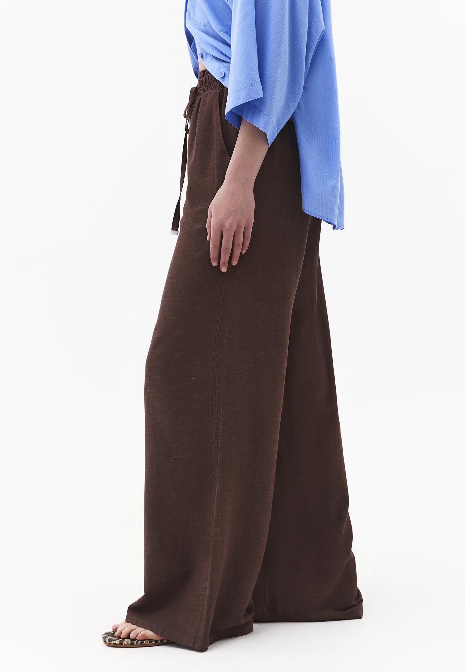 High Waist Wide Leg Elastic Waist Pants - CHOCOLATE BROWN