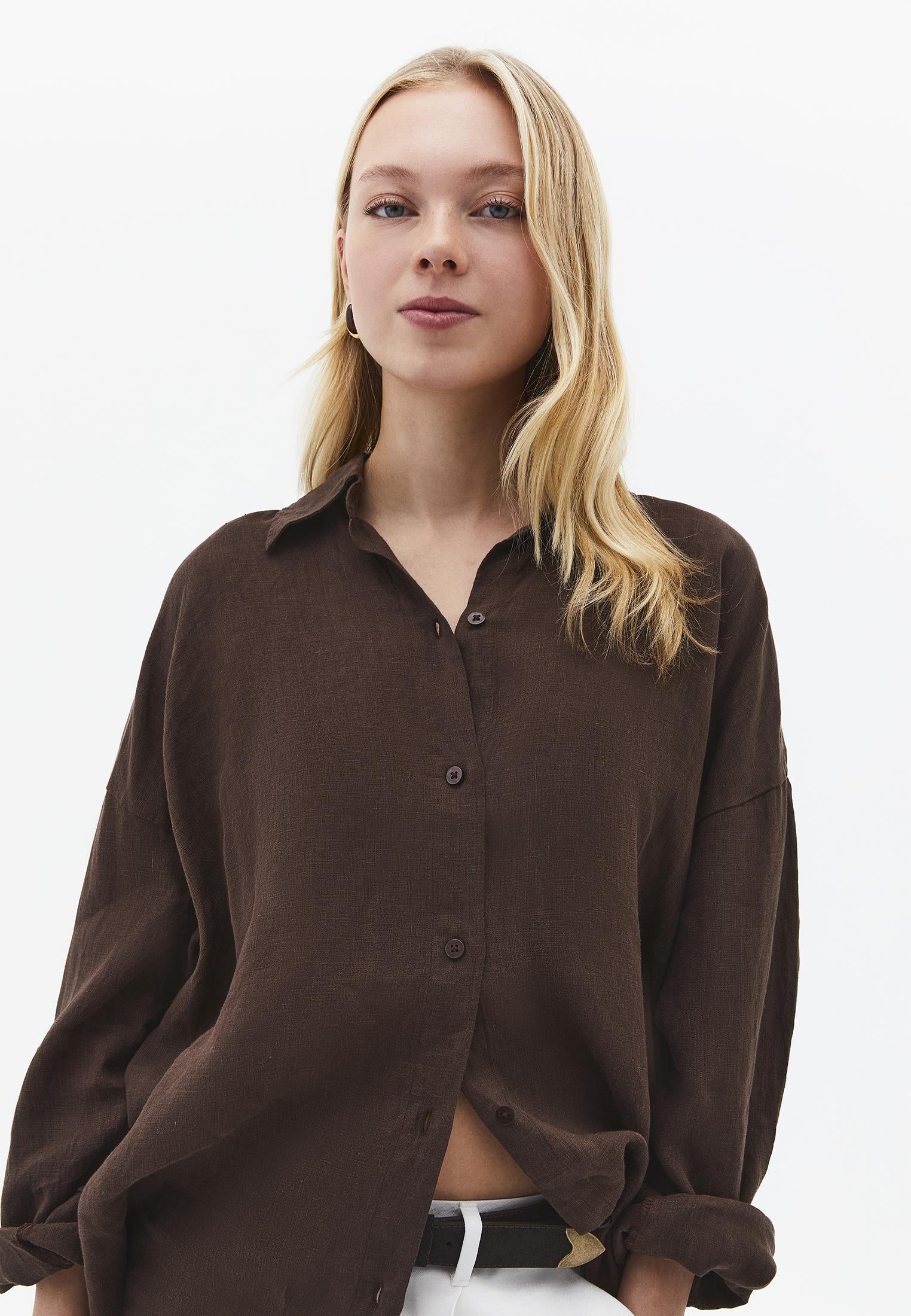 Oversize Shirt Collar Long Shirt - CHOCOLATE BROWN