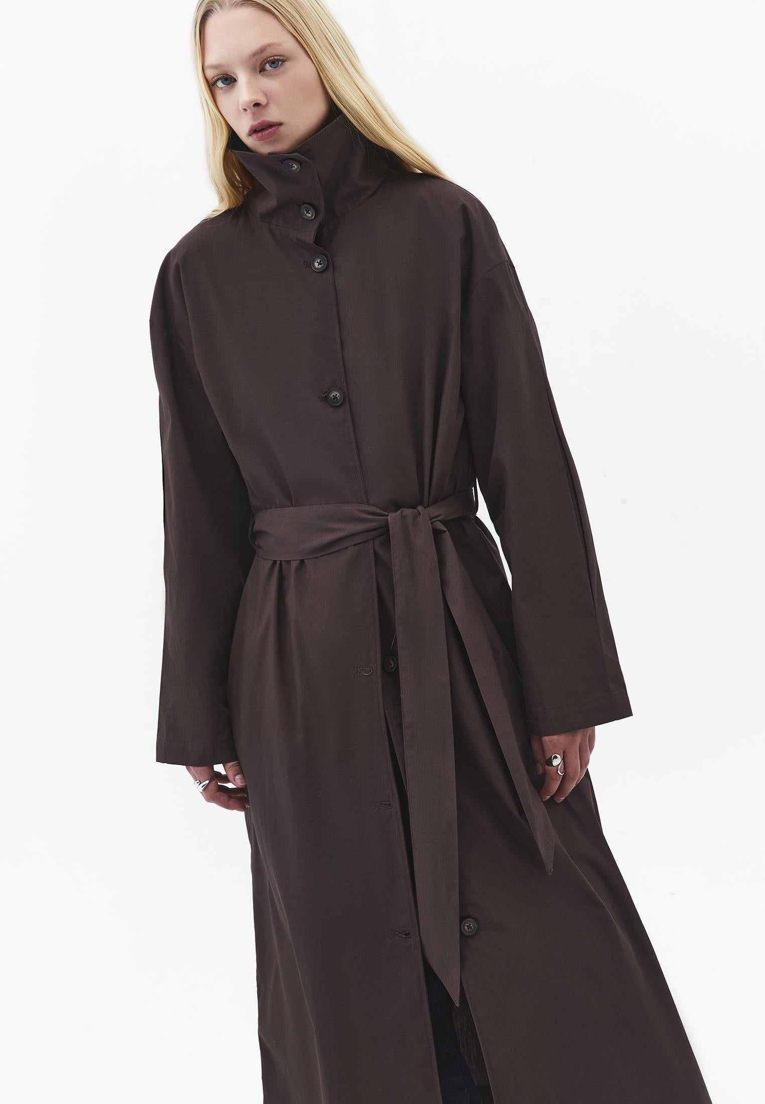 Belted Long Oversize Trench Coat - CHOCOLATE BROWN
