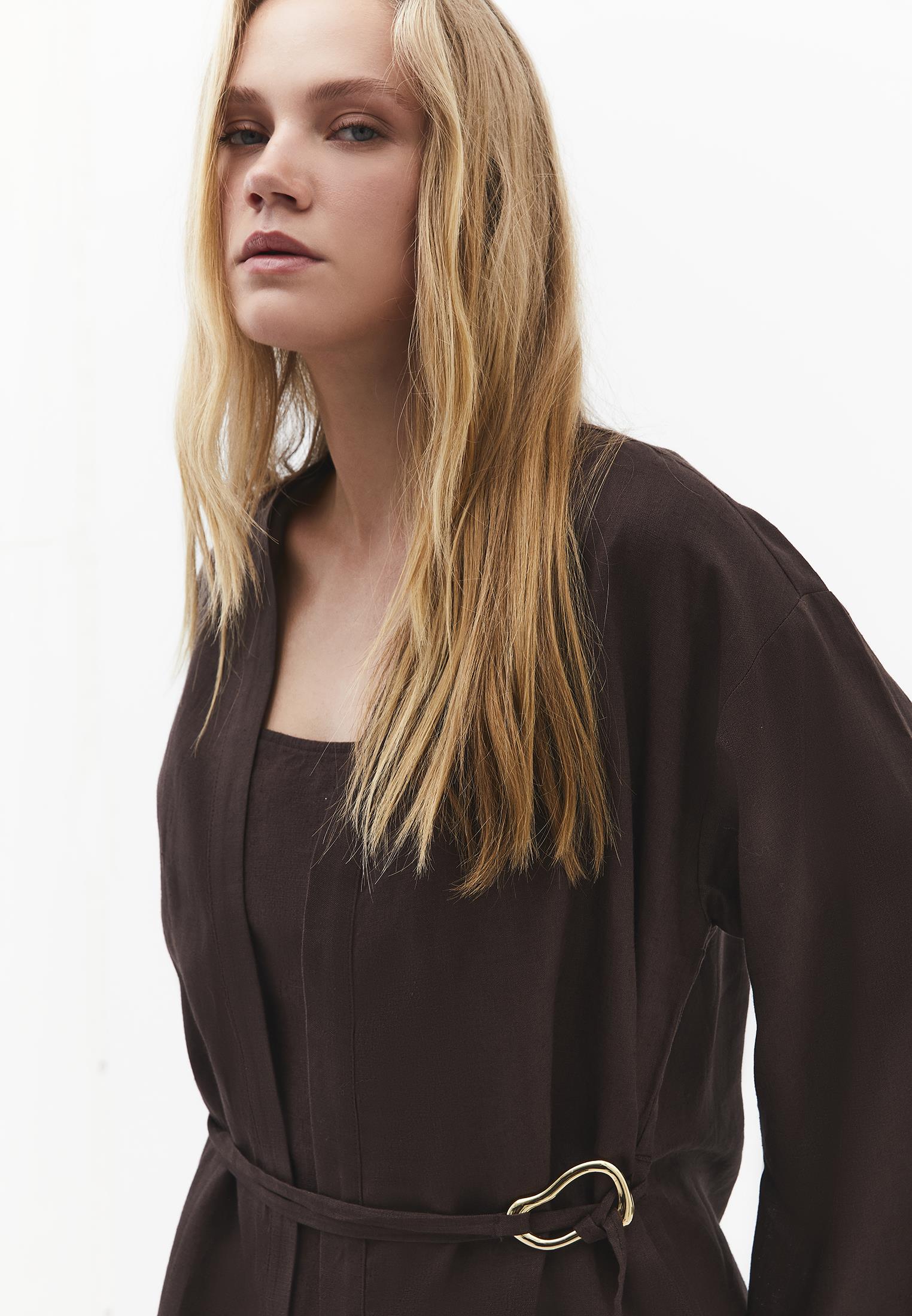 Oversize Jacket With Buckle Detail And Tie - CHOCOLATE BROWN
