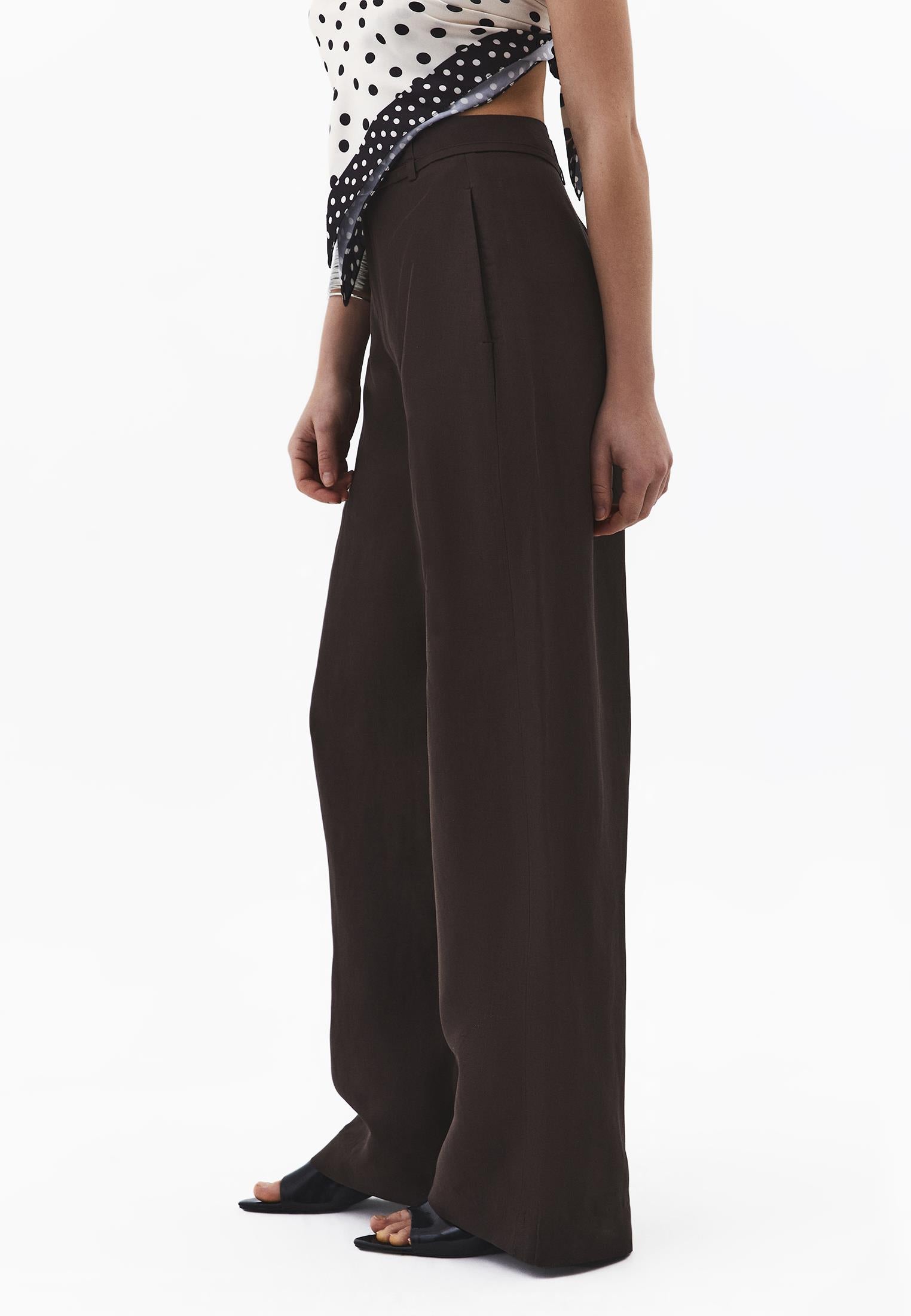High Waist Belted Straight Leg Trousers - CHOCOLATE BROWN