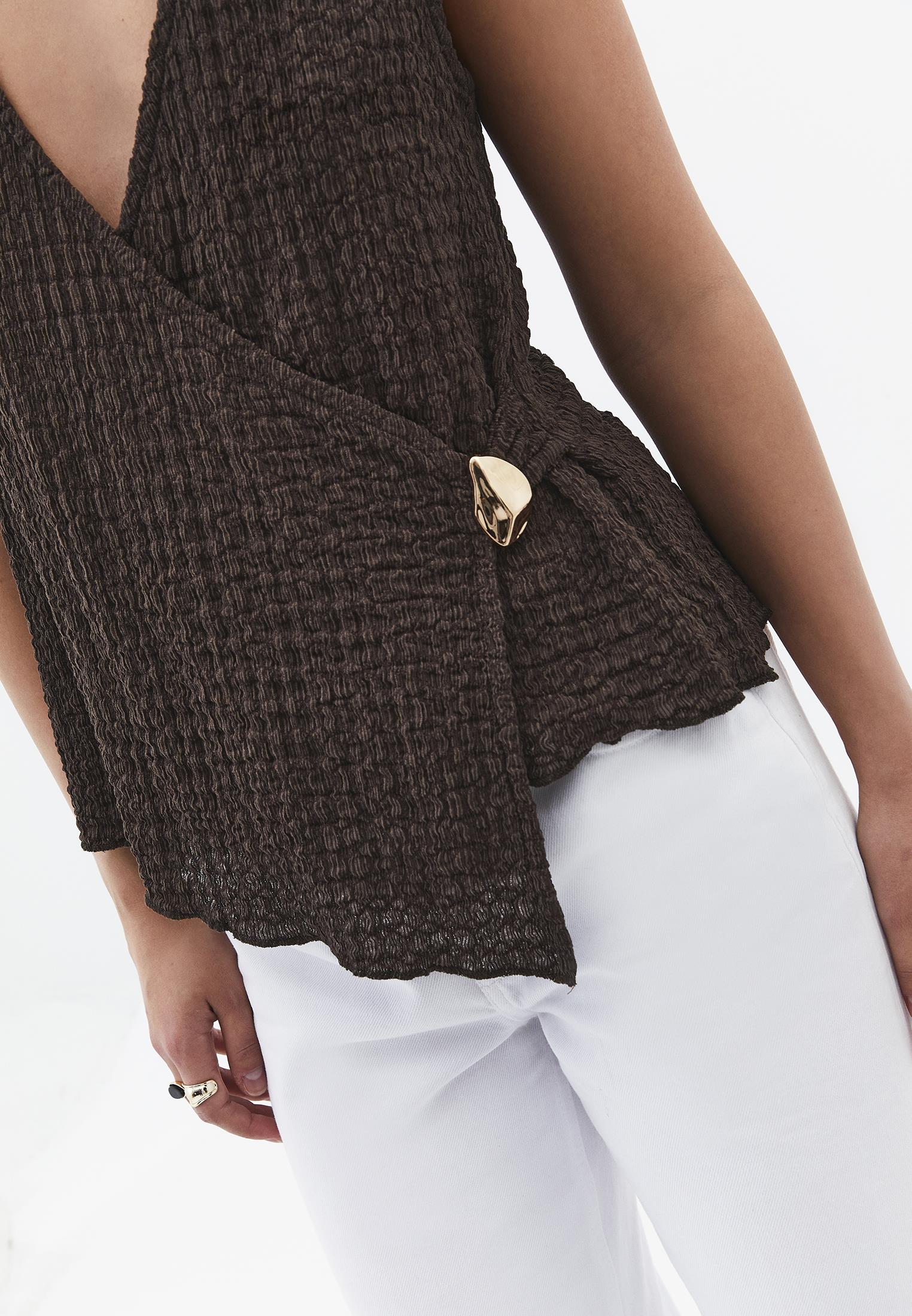 V Neck Blouse Without Sleeve Detail - CHOCOLATE BROWN