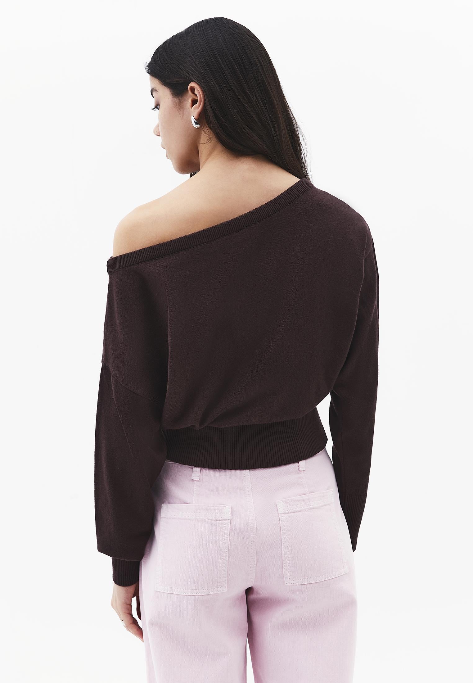 Boat Neck Long Sleeve Sweater - CHOCOLATE BROWN