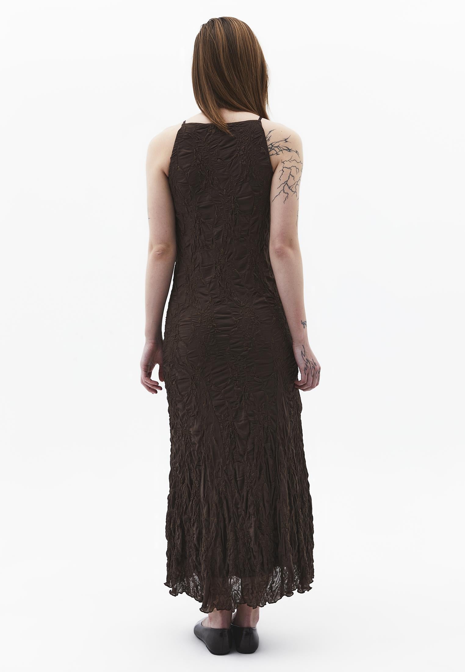 Sleeveless Long Dress With Crew Neck - CHOCOLATE BROWN