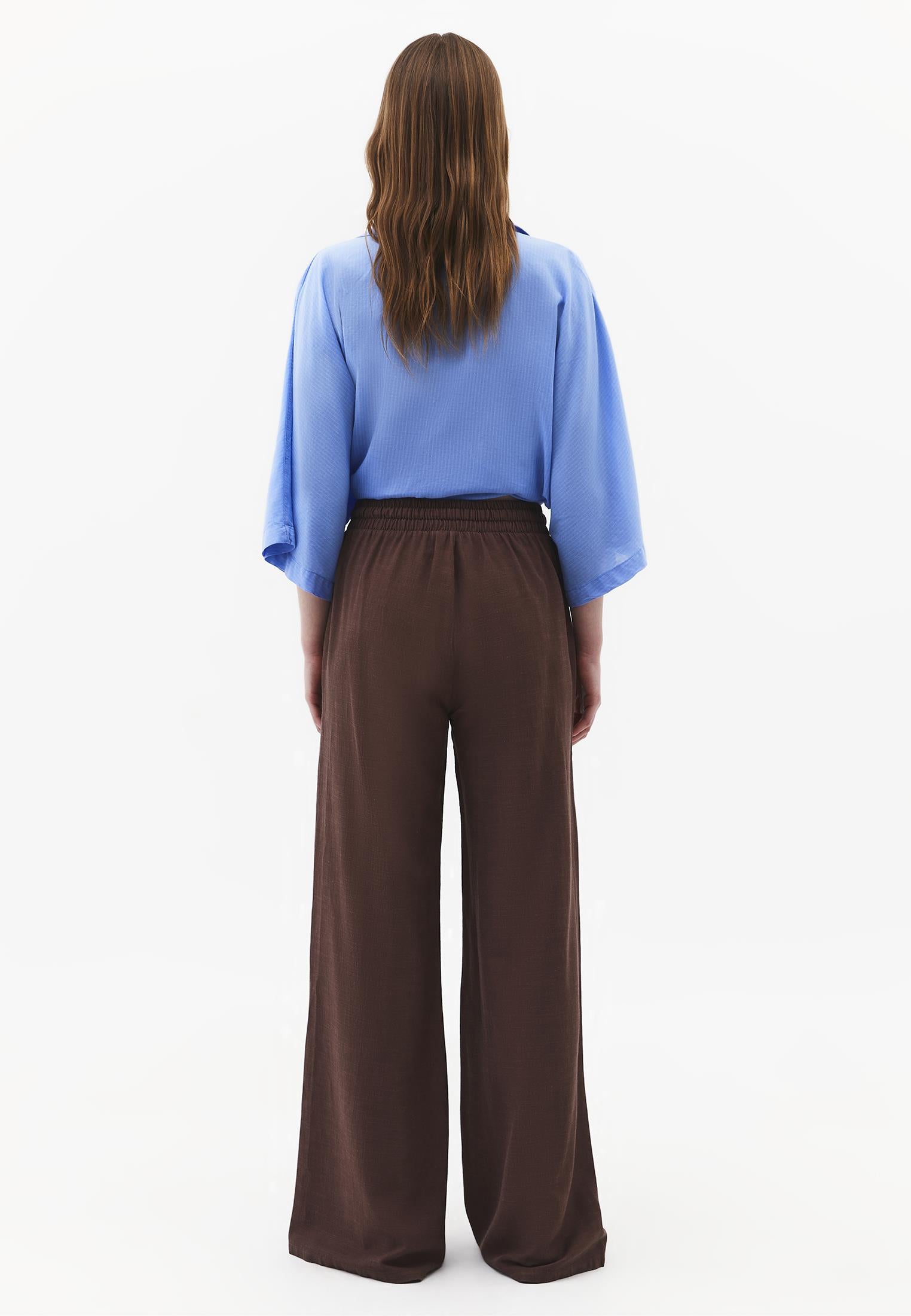 High Waist Wide Leg Elastic Waist Pants - CHOCOLATE BROWN