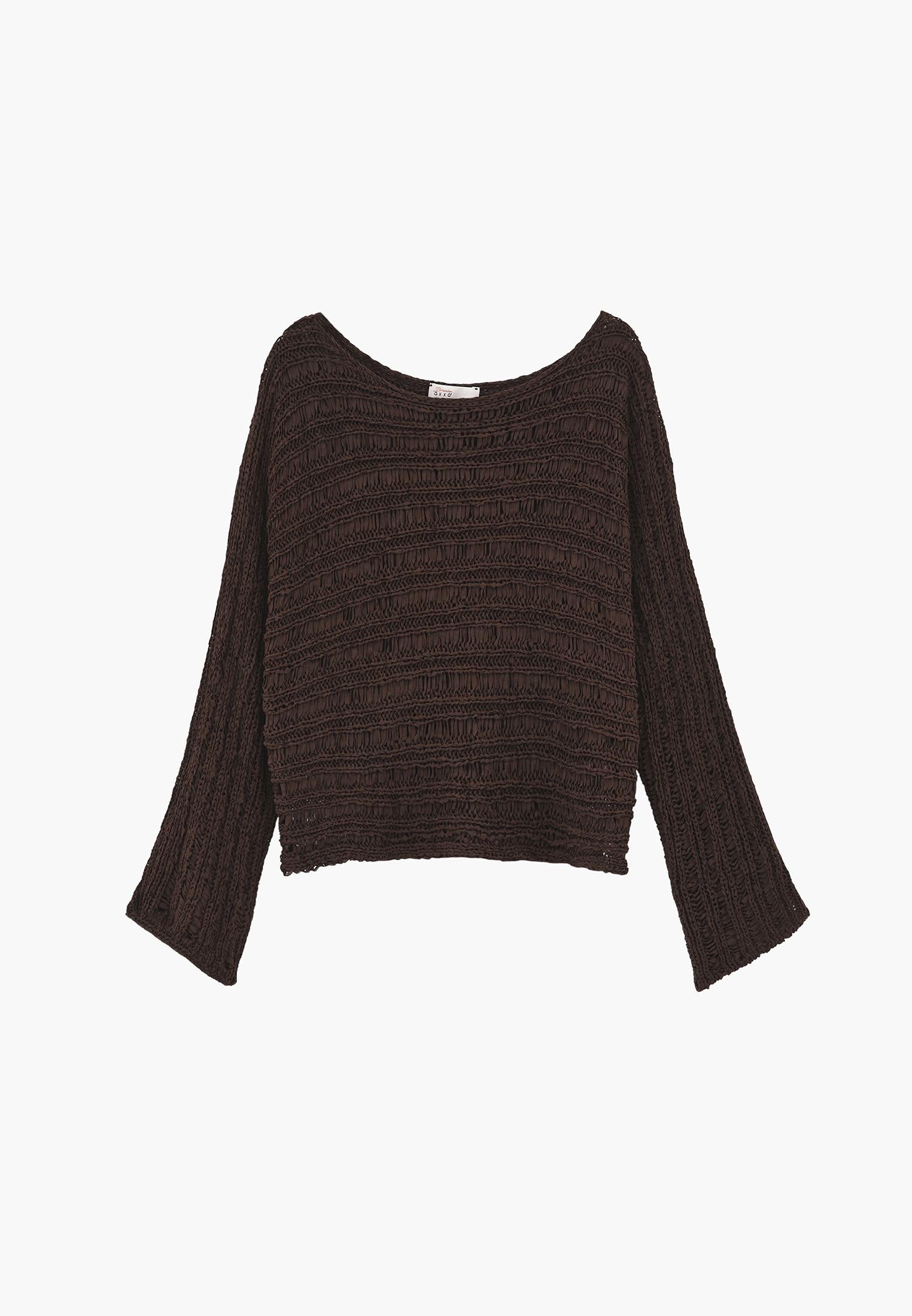 Ajour Standard Boat Neck Knit Sweater - CHOCOLATE BROWN