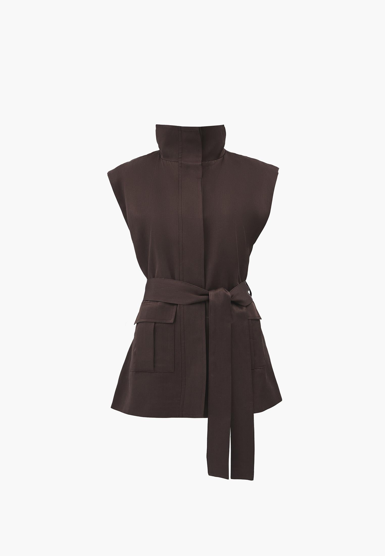 Sleeveless Cargo Vest With Turtleneck - CHOCOLATE BROWN