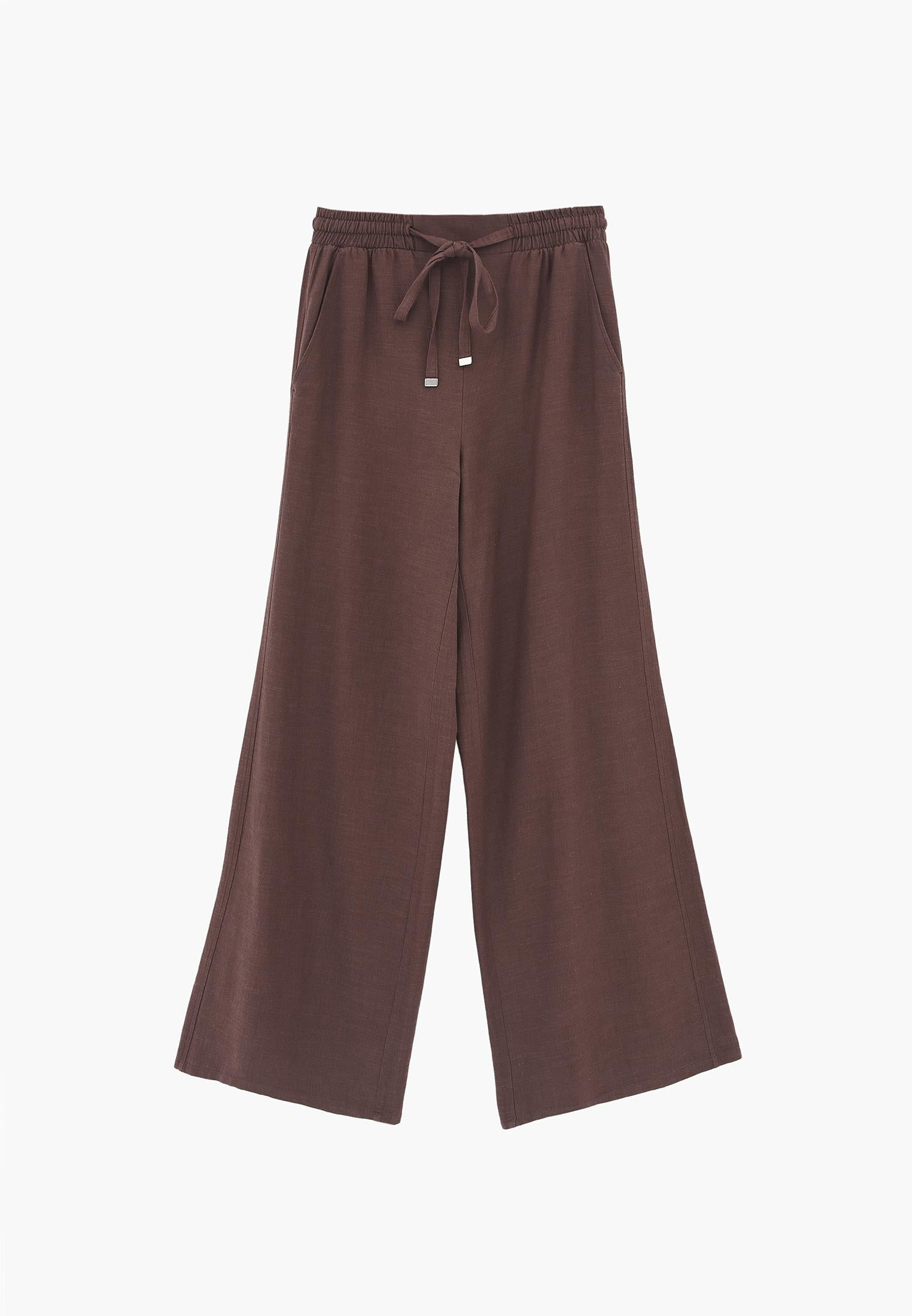 High Waist Wide Leg Elastic Waist Pants - CHOCOLATE BROWN