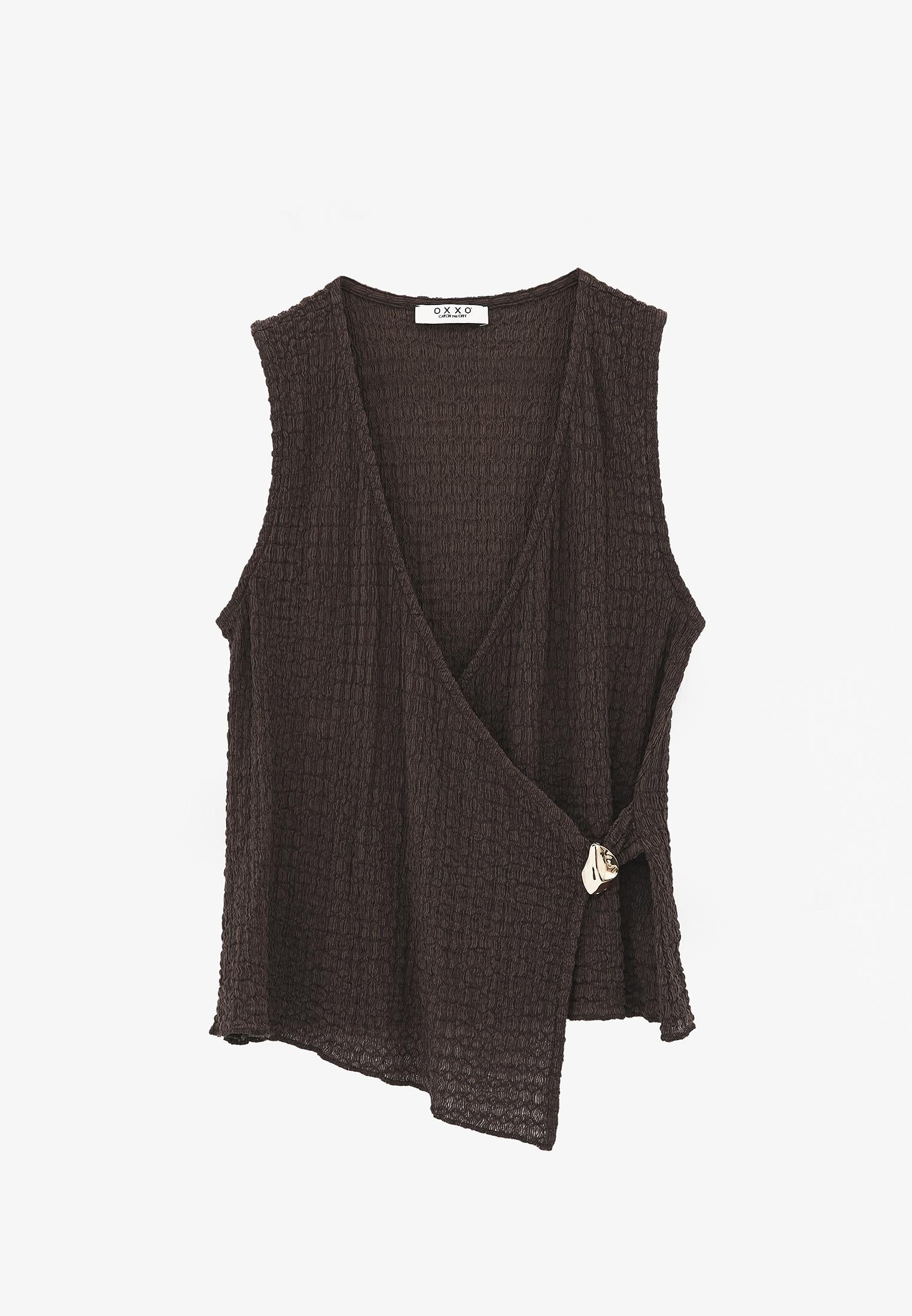 V Neck Blouse Without Sleeve Detail - CHOCOLATE BROWN