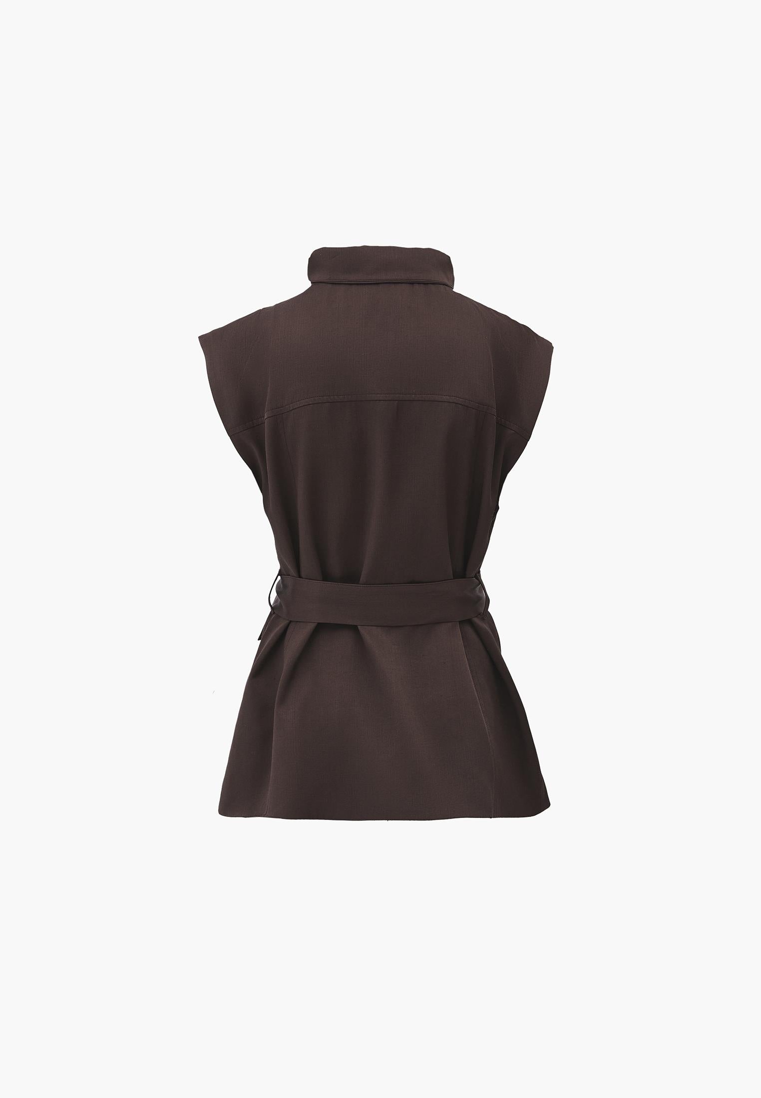 Sleeveless Cargo Vest With Turtleneck - CHOCOLATE BROWN