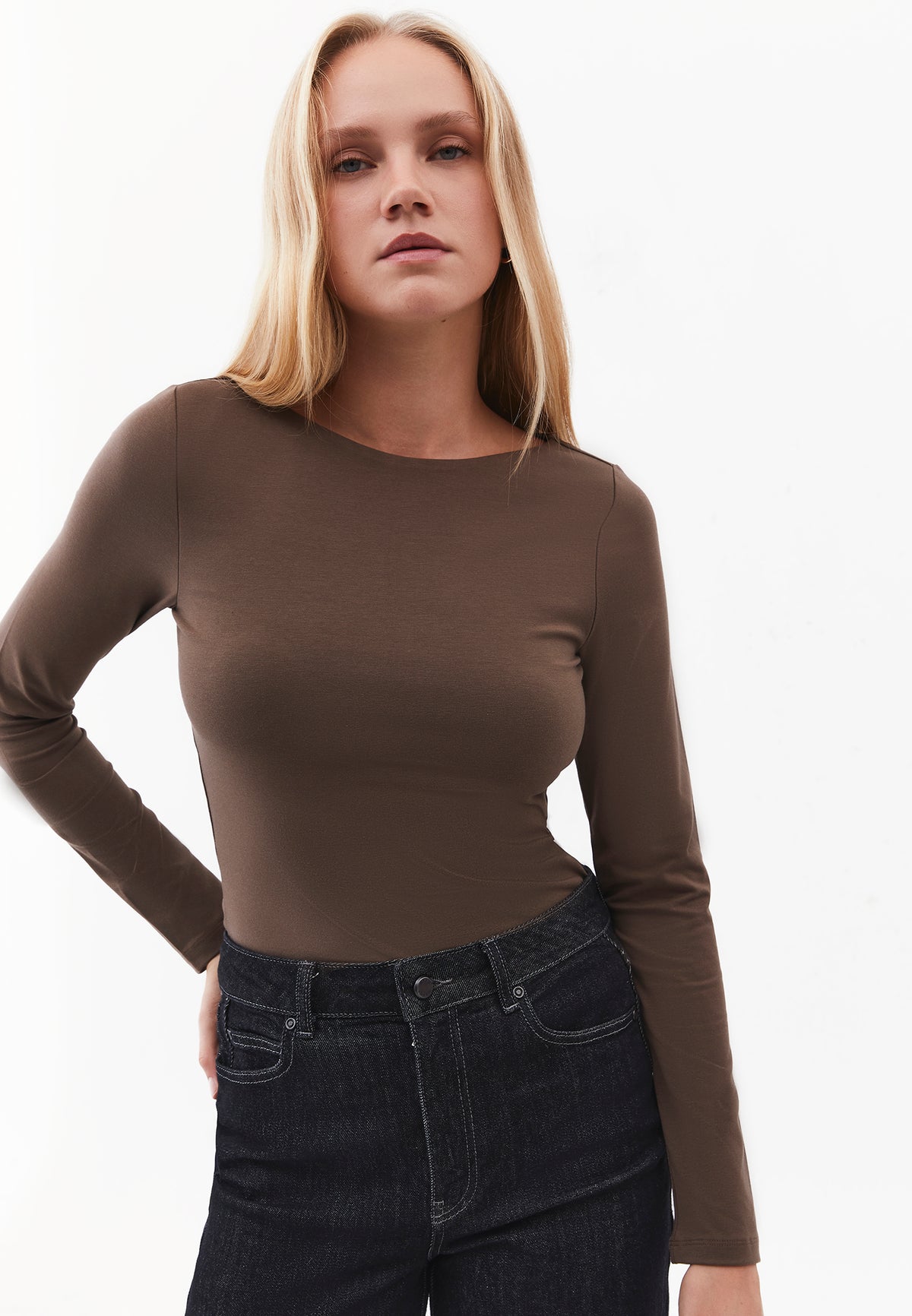 Long Sleeve T-Shirt with Collar Detail - CHOCOLATE CHIP