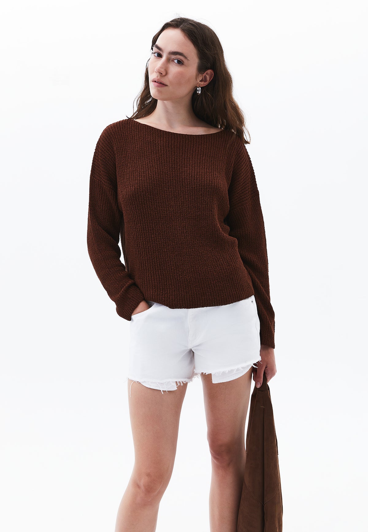 Boat Neck Long Sleeve Sweater - CHOCOLATE FONDANT