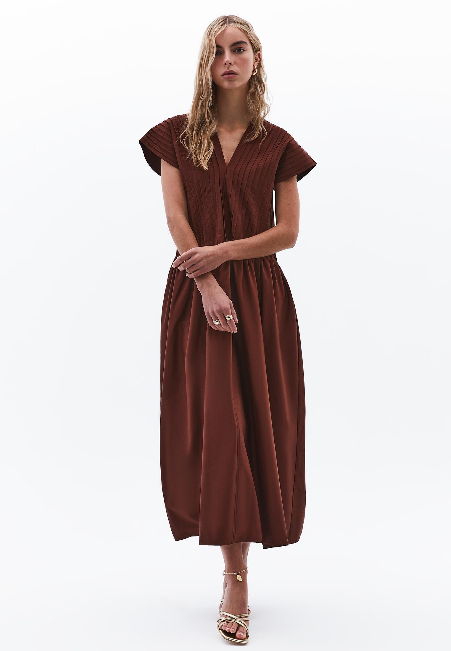 Flared V-Neck Long Dress - CHOCOLATE FONDANT