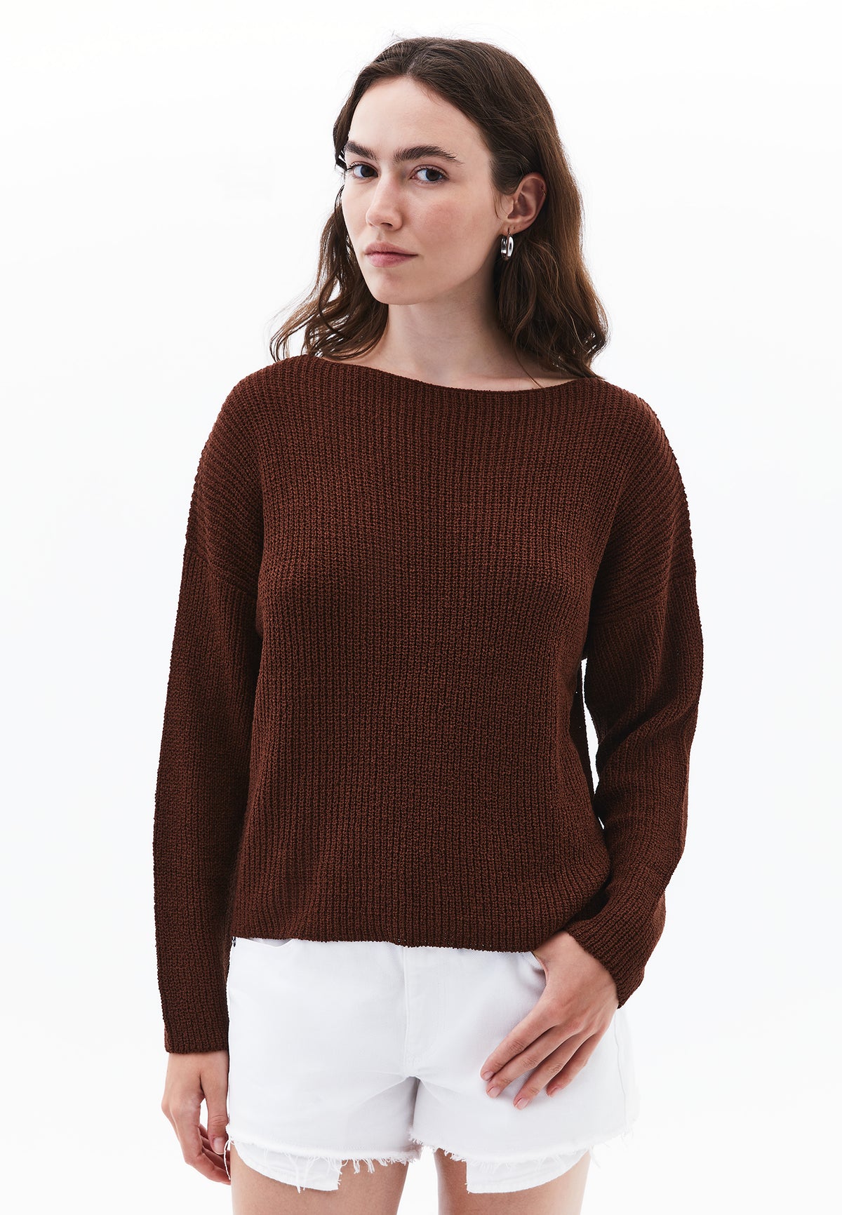 Boat Neck Long Sleeve Sweater - CHOCOLATE FONDANT