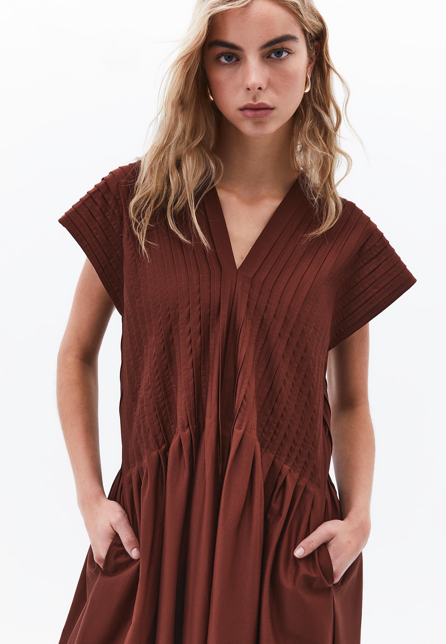 Flared V-Neck Long Dress - CHOCOLATE FONDANT