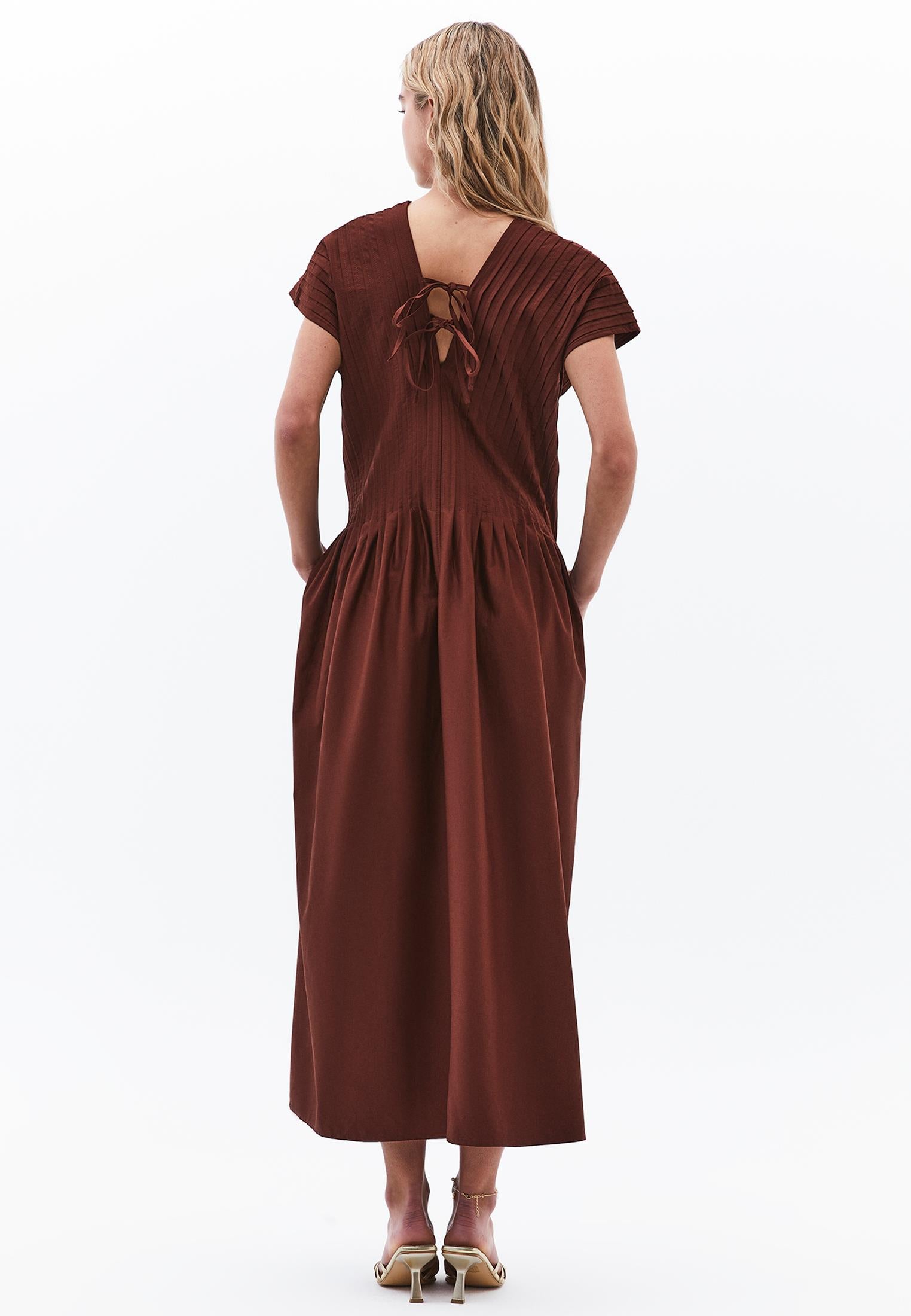 Flared V-Neck Long Dress - CHOCOLATE FONDANT