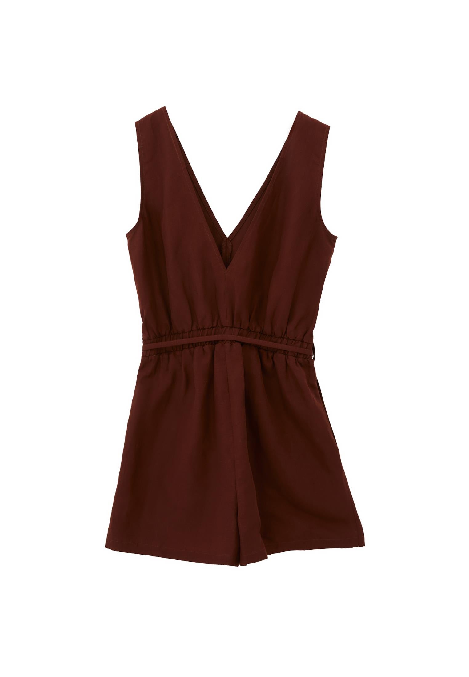 Short Closed V-Neck Jumpsuit With Belt Detail - CHOCOLATE FONDANT