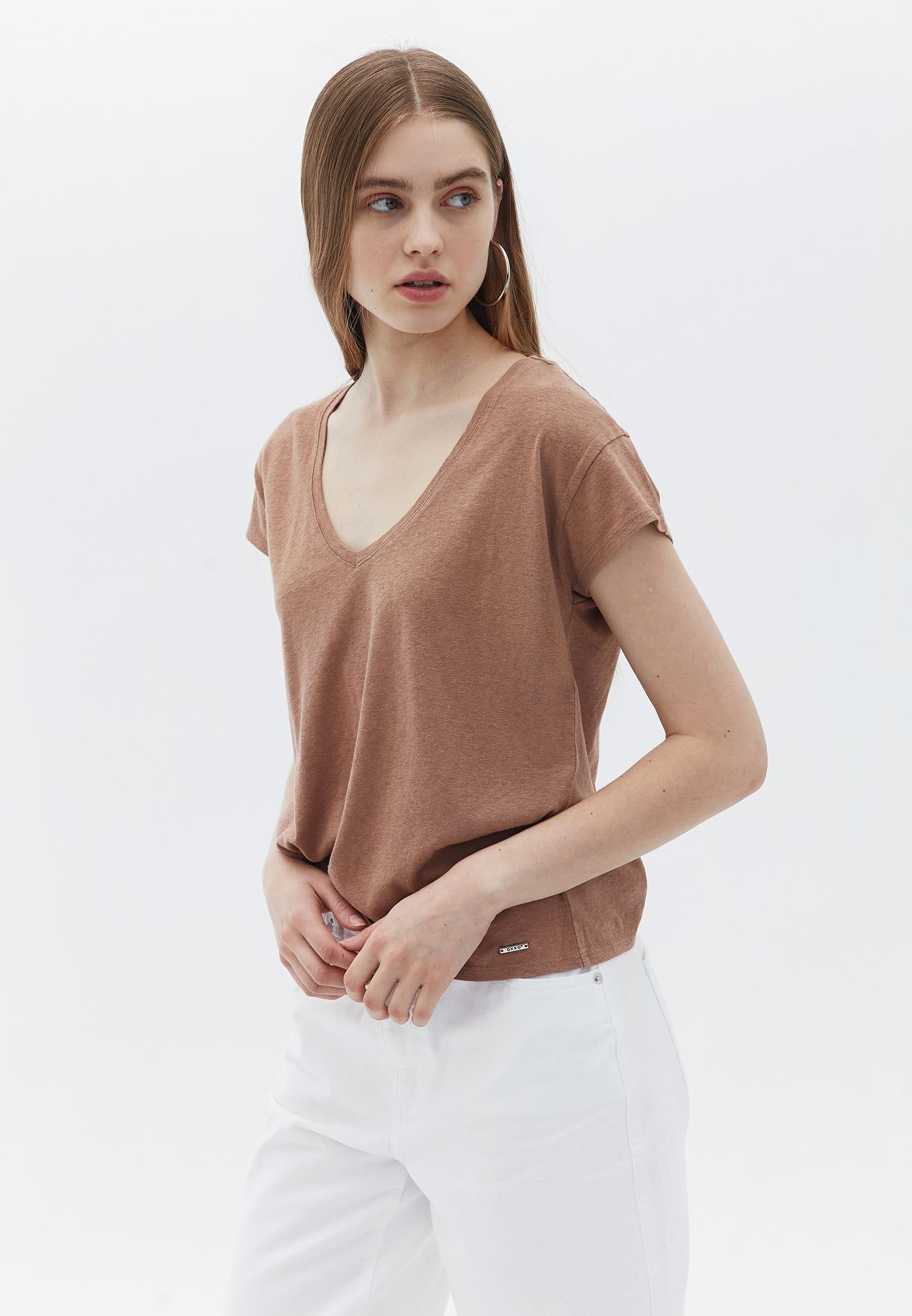 V Neck Linen T-Shirt - CHOCOLATE MALT