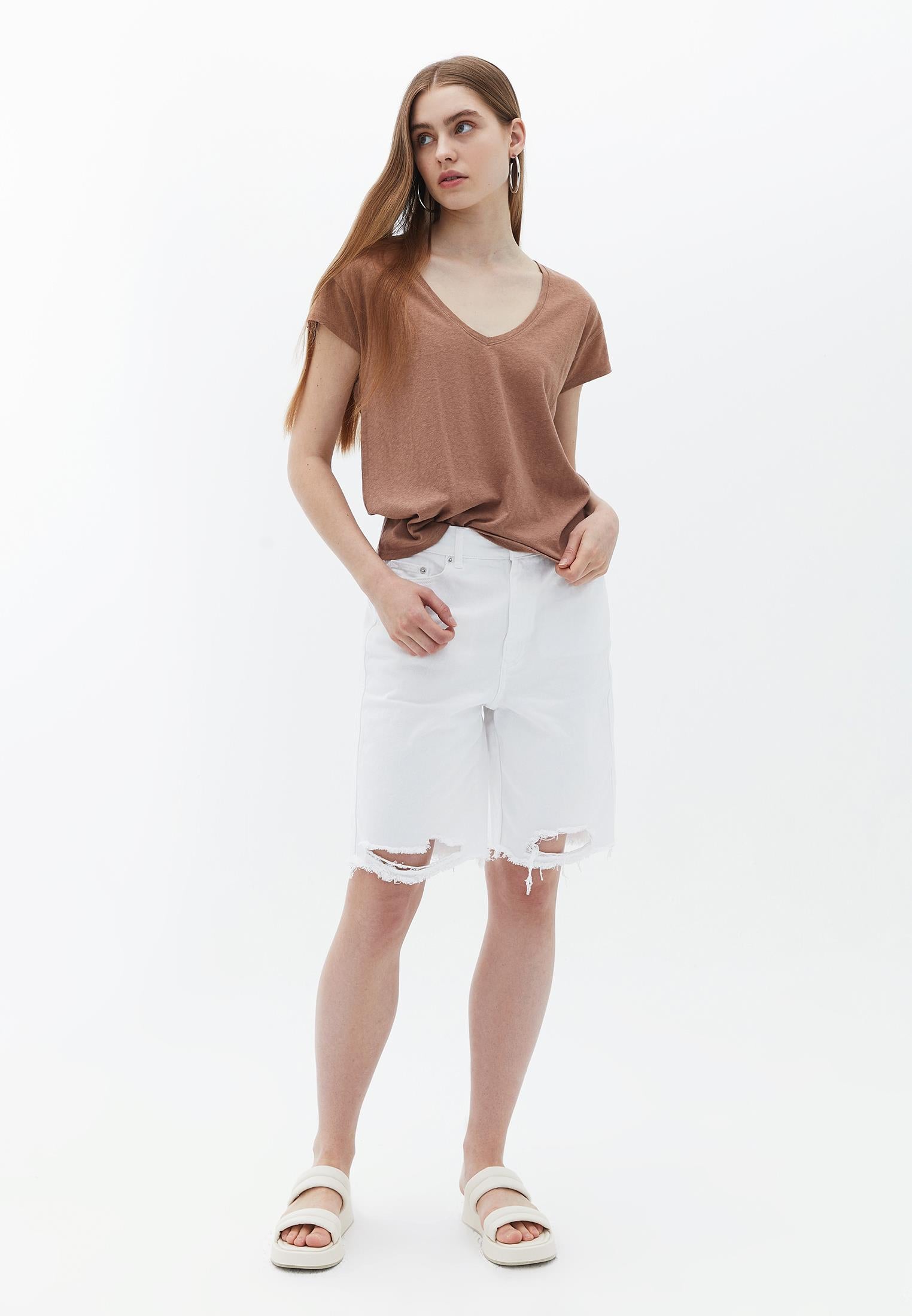 V Neck Linen T-Shirt - CHOCOLATE MALT
