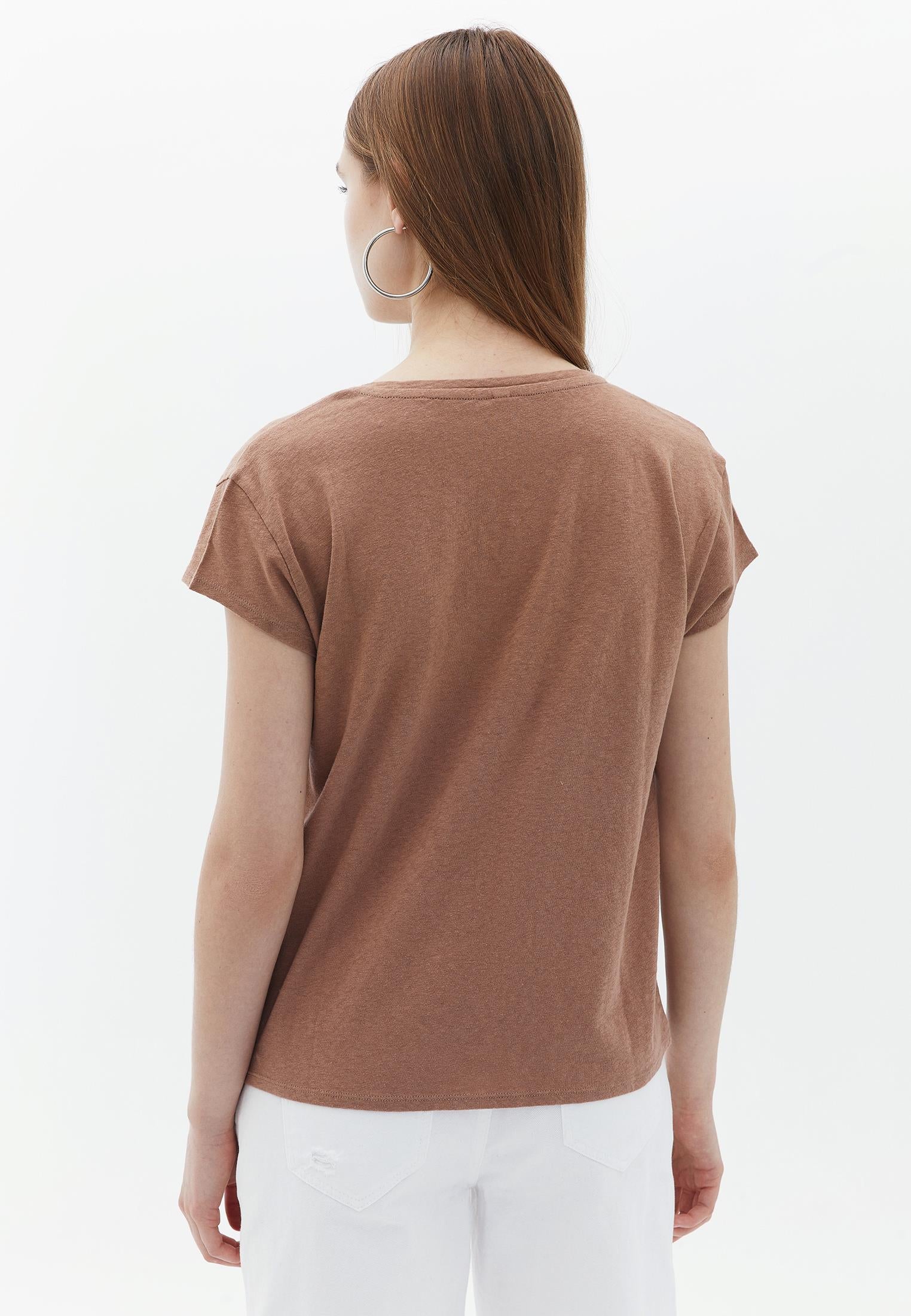 V Neck Linen T-Shirt - CHOCOLATE MALT