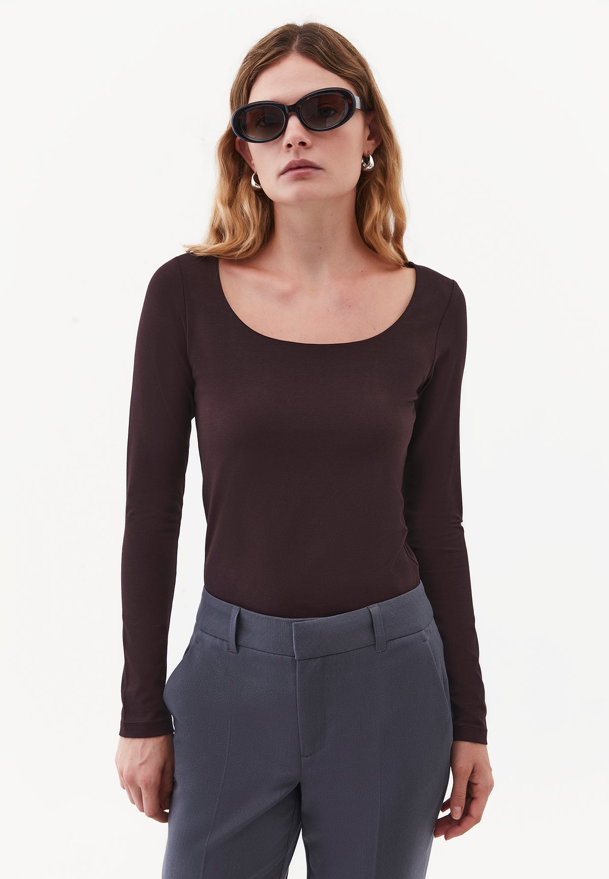 Long Sleeve U Neck Bodycon T-Shirt - CHOCOLATE PLUM