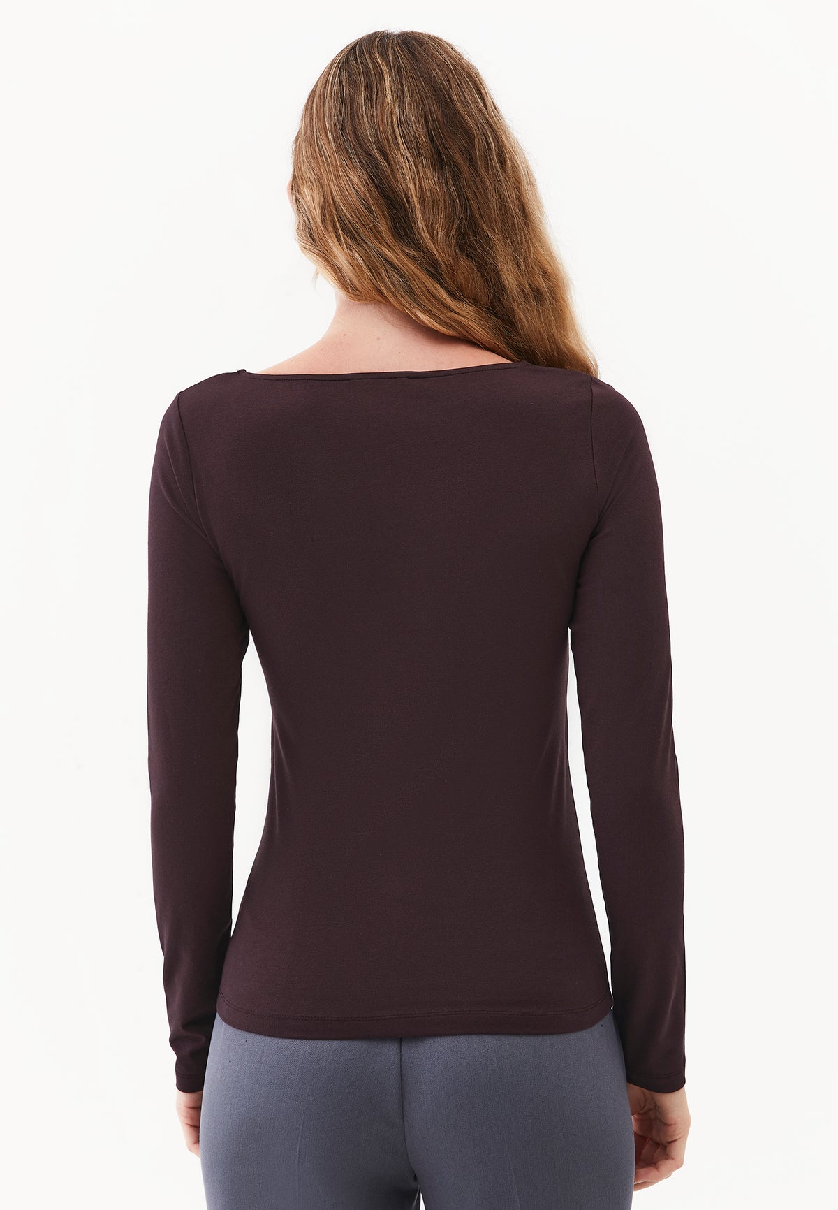 Long Sleeve U Neck Bodycon T-Shirt - CHOCOLATE PLUM