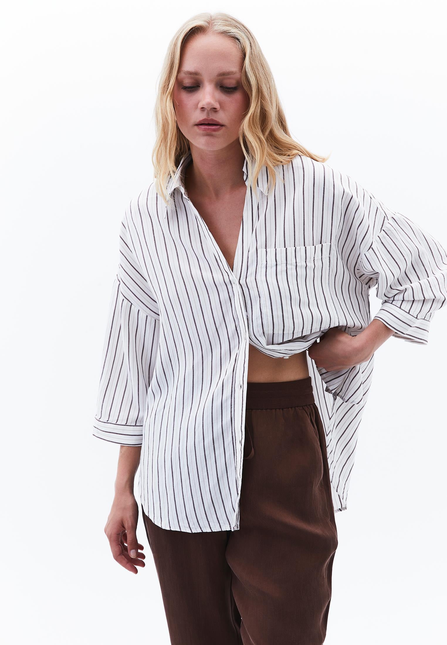 Linen Oversize Tunic Shirt - CHOCOLATE STRIPE