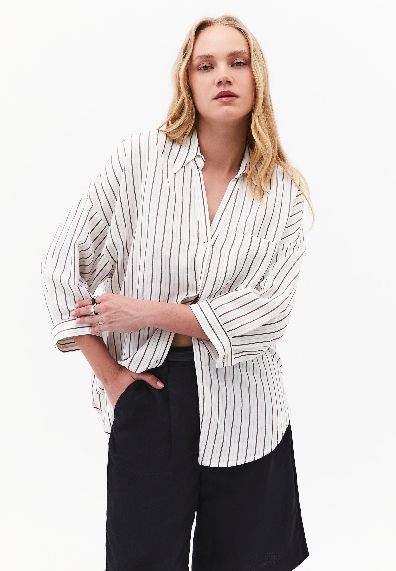 Striped Oversize 3/4 Sleeve Shirt - CHOCOLATE STRIPE