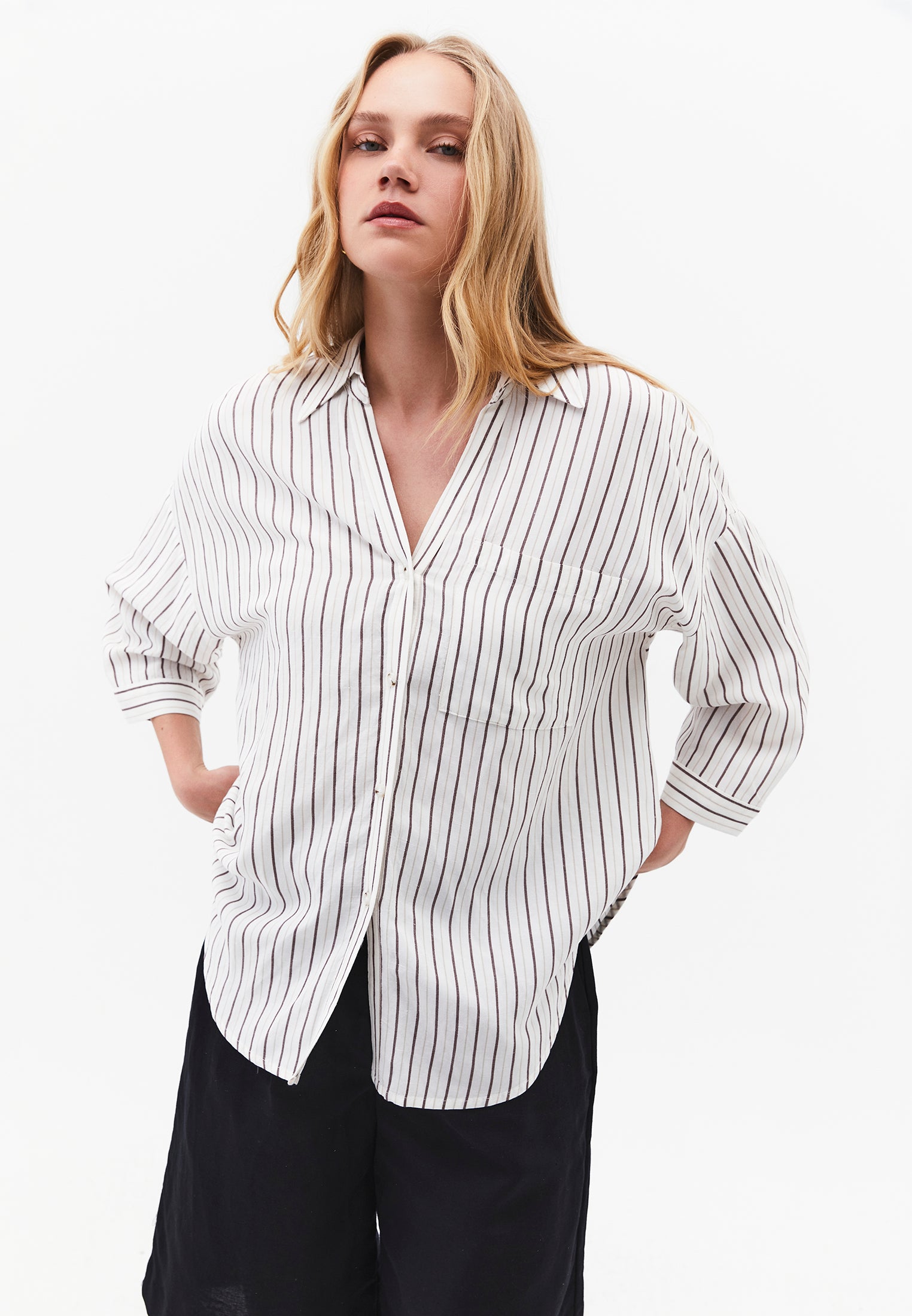 Striped Oversize 3/4 Sleeve Shirt - CHOCOLATE STRIPE