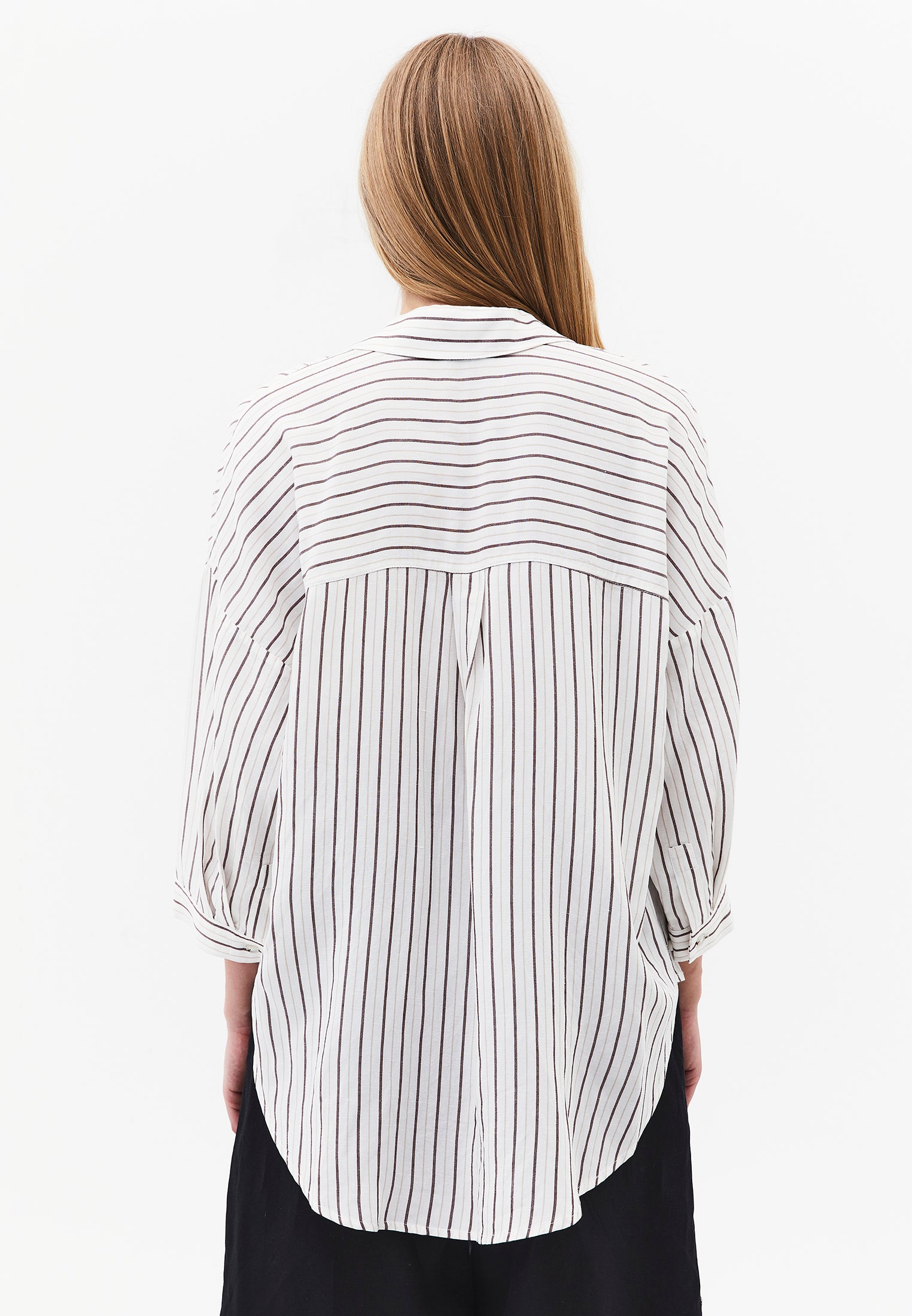 Striped Oversize 3/4 Sleeve Shirt - CHOCOLATE STRIPE