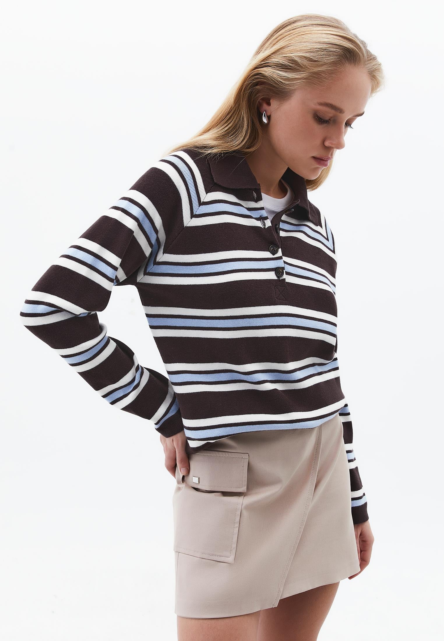 Polo Neck Striped Sweater - CHOCOLATE TORTE STRIPE