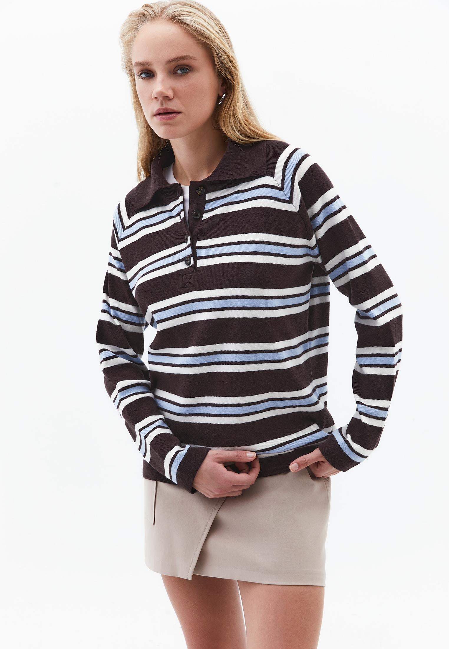 Polo Neck Striped Sweater - CHOCOLATE TORTE STRIPE