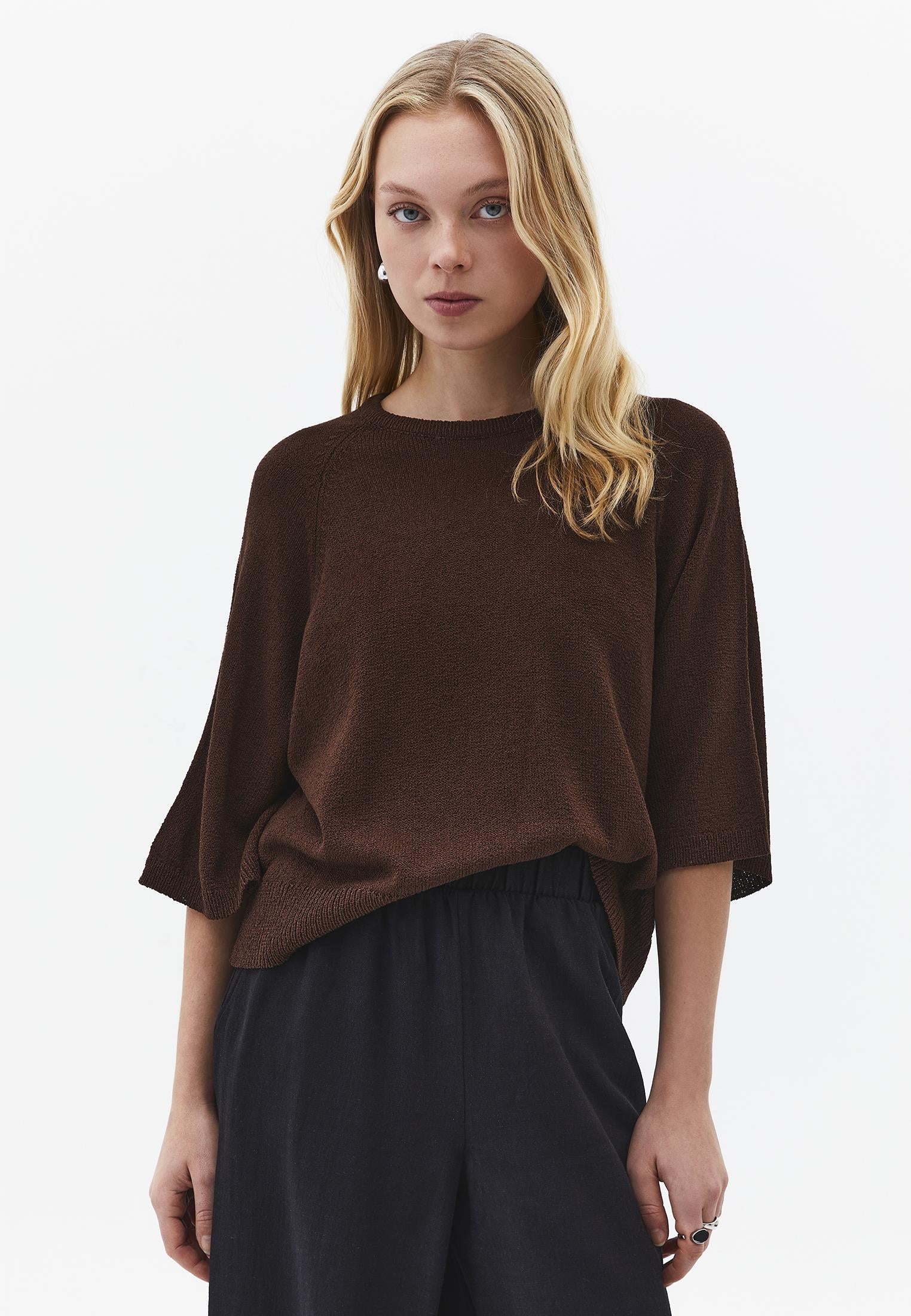 Raglan Sleeve Loose Fit Crew Neck Sweater - CHOCOLATE TORTE