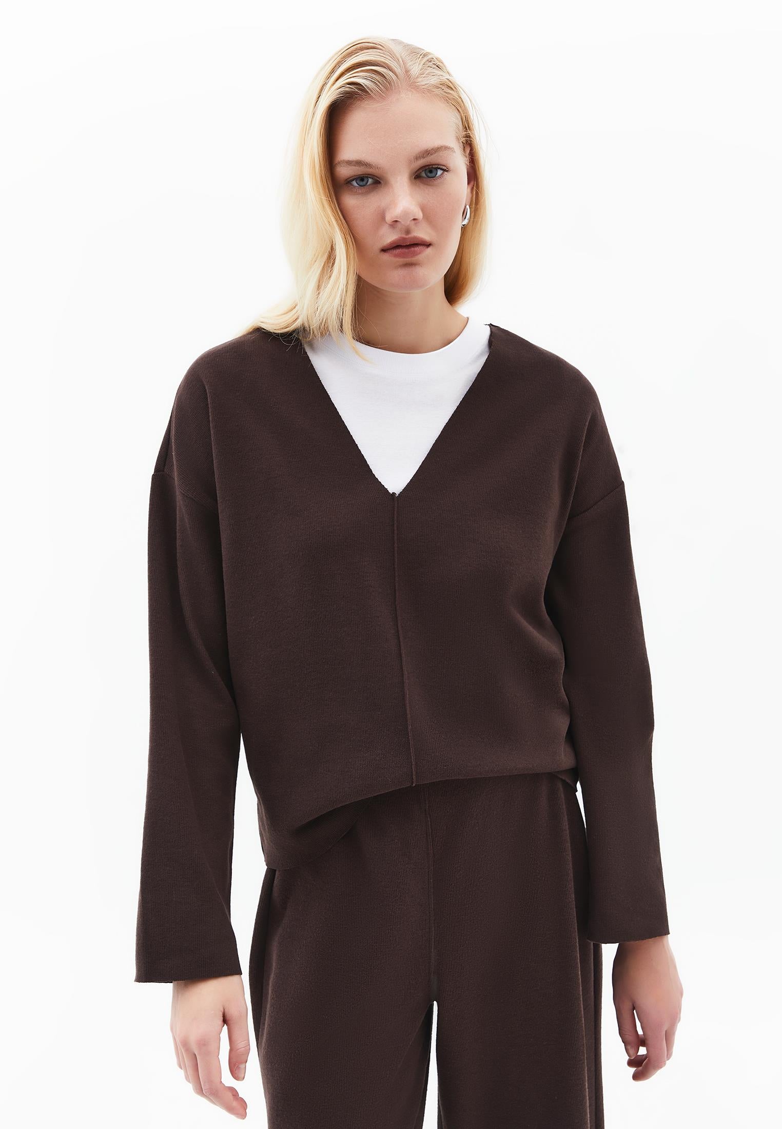 Loose V-Neck Sweater - CHOCOLATE TORTE