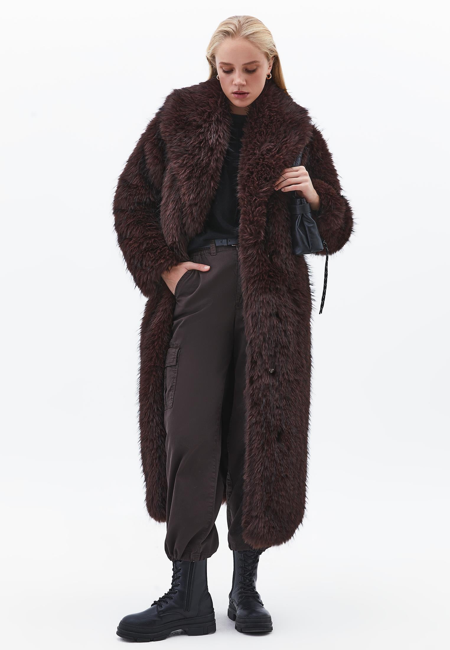 Shawl Collar Faux Fur Coat - CHOCOLATE TORTE