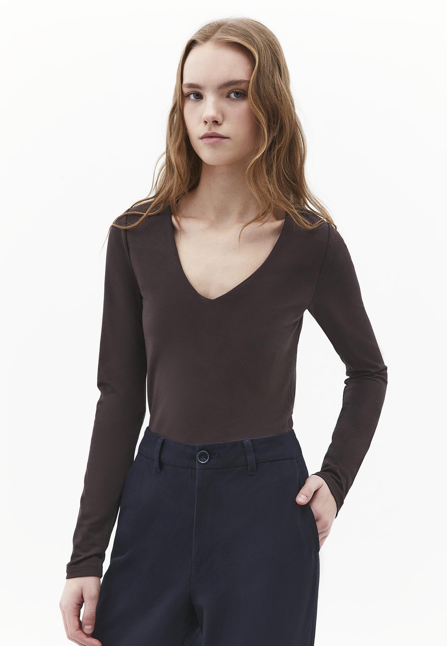 V Neck Long Sleeve Bodycon T-Shirt - CHOCOLATE TORTE