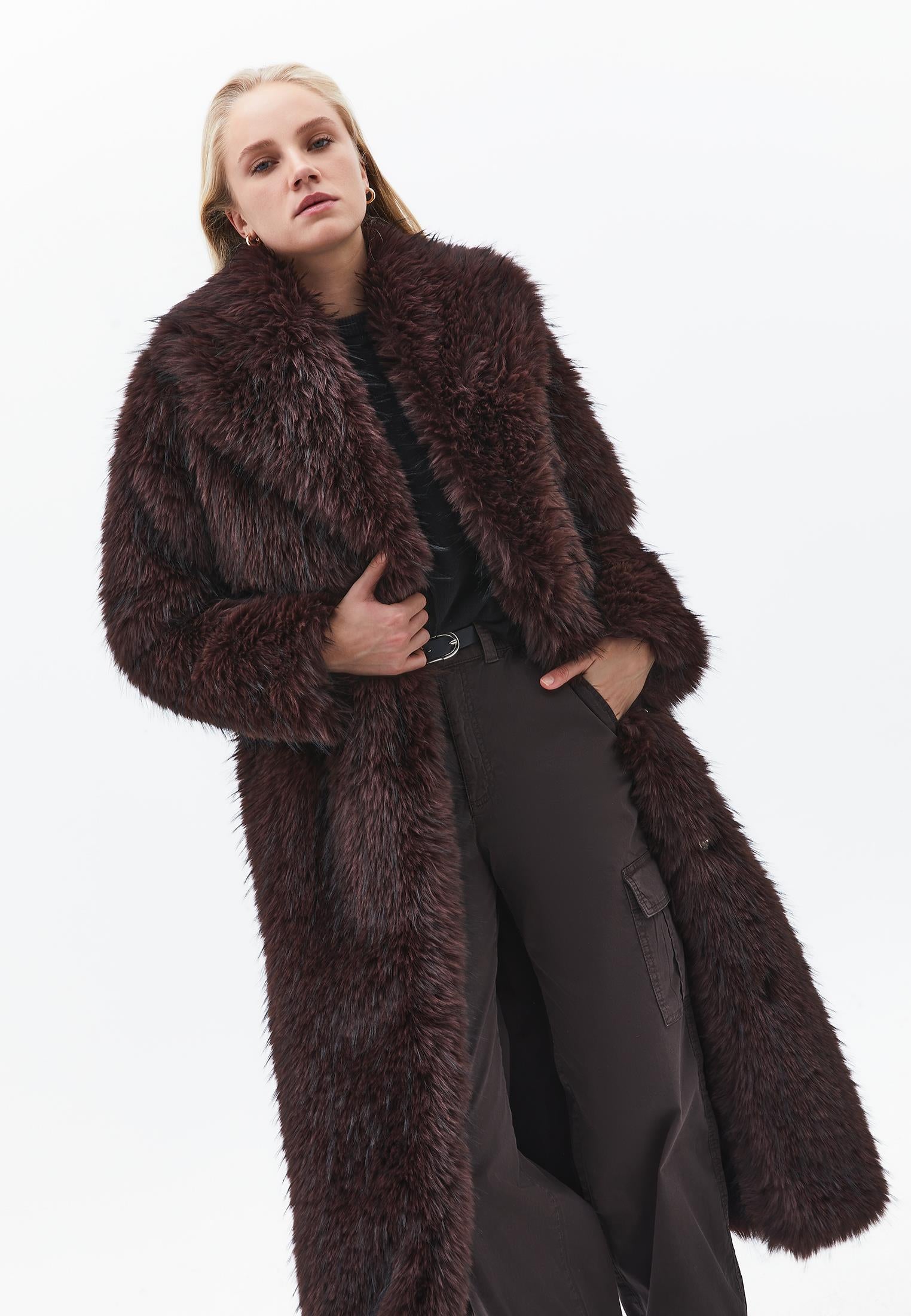 Shawl Collar Faux Fur Coat - CHOCOLATE TORTE