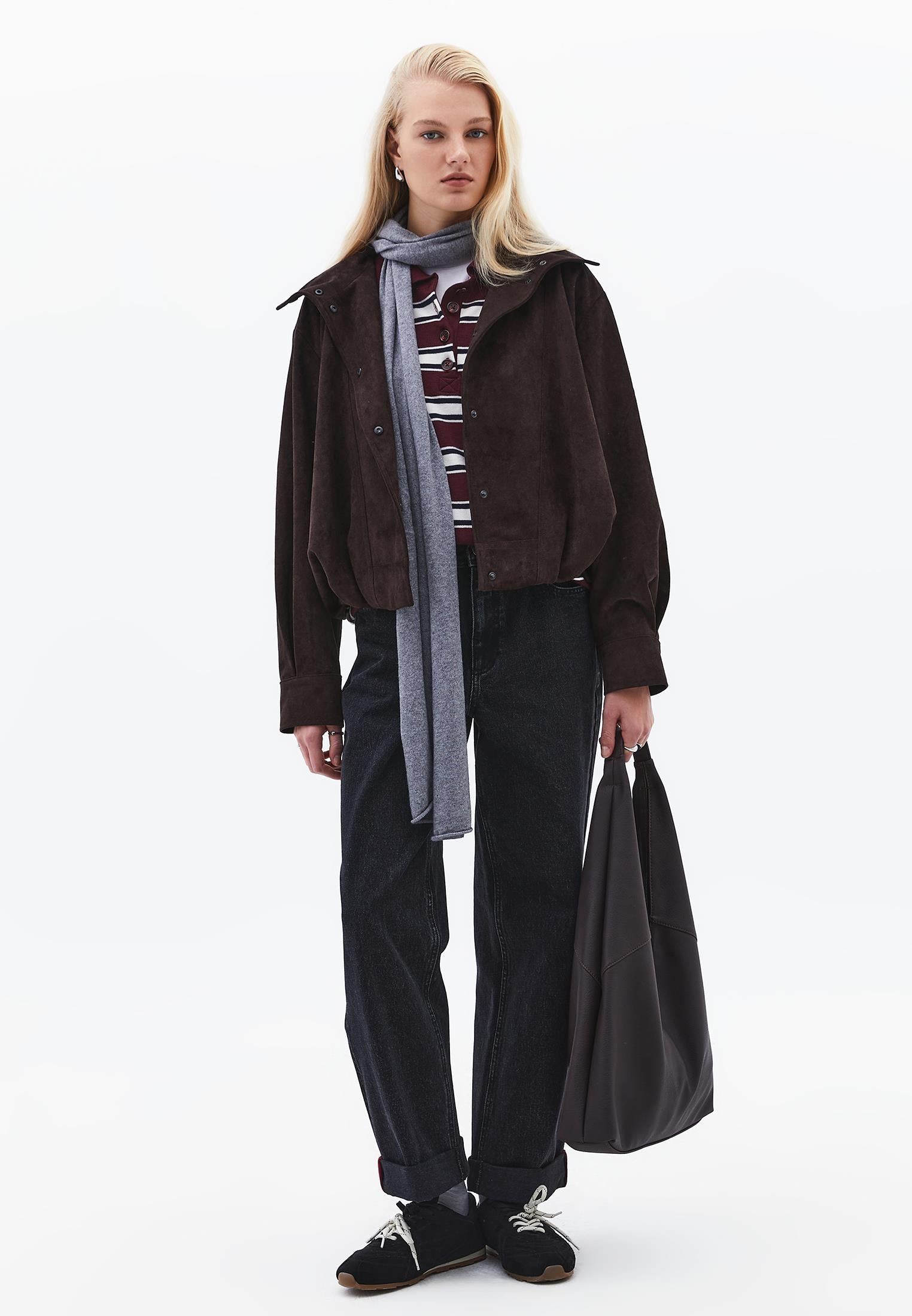 Oversized Jacket With Pleated Details - CHOCOLATE TORTE