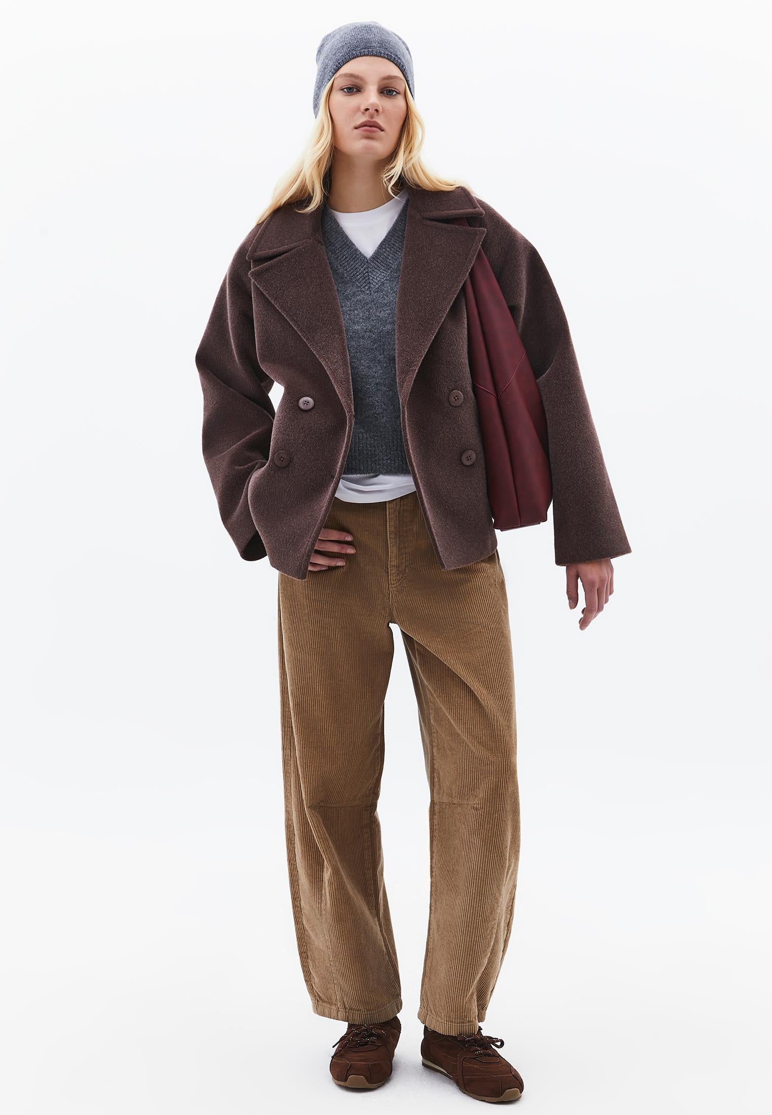 Double Breasted Collar Button Detailed Coat - CHOCOLATE TORTE