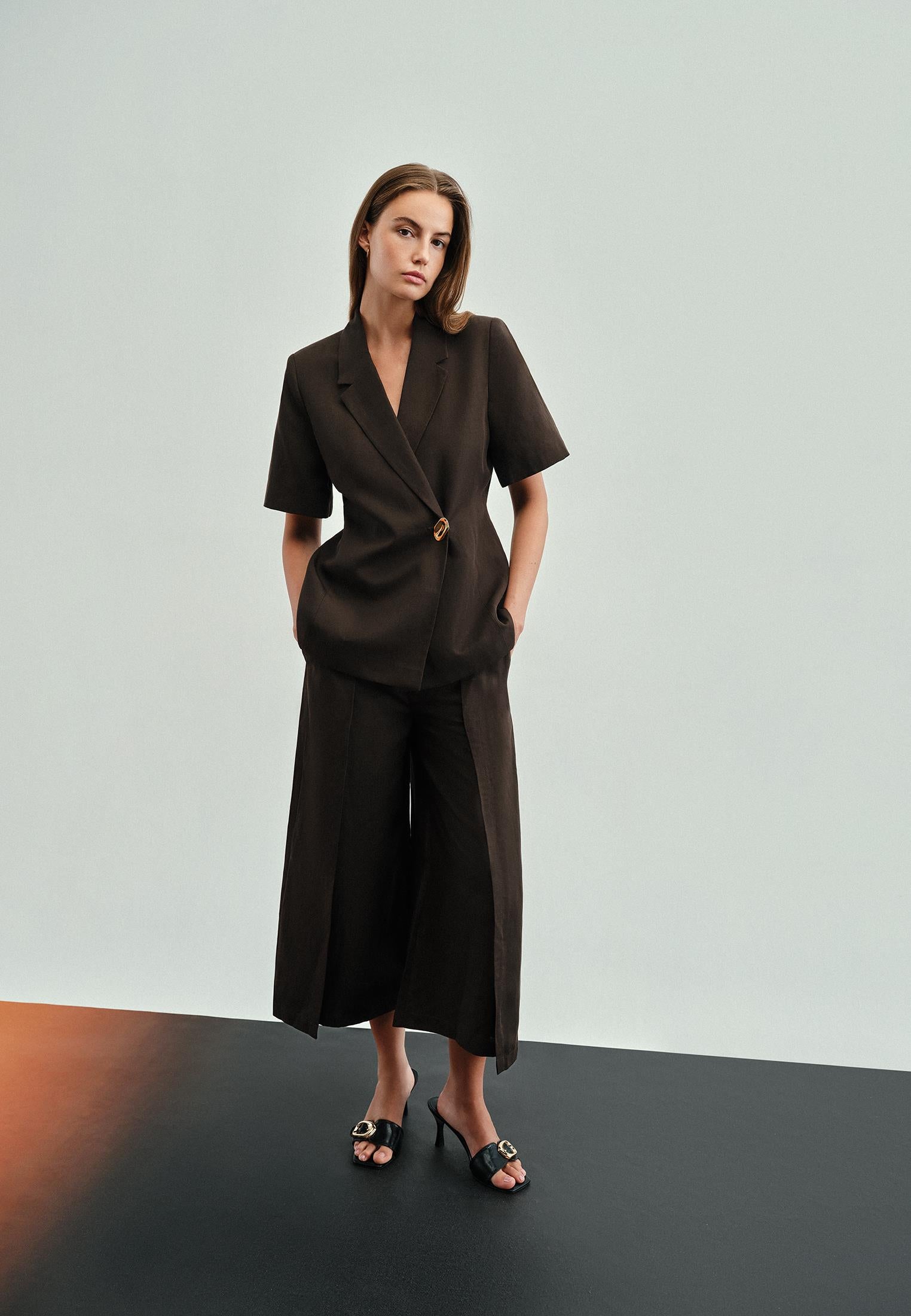 Short Sleeve Wrap Collar Button Detailed Blazer Jacket - CHOCOLATE TORTE