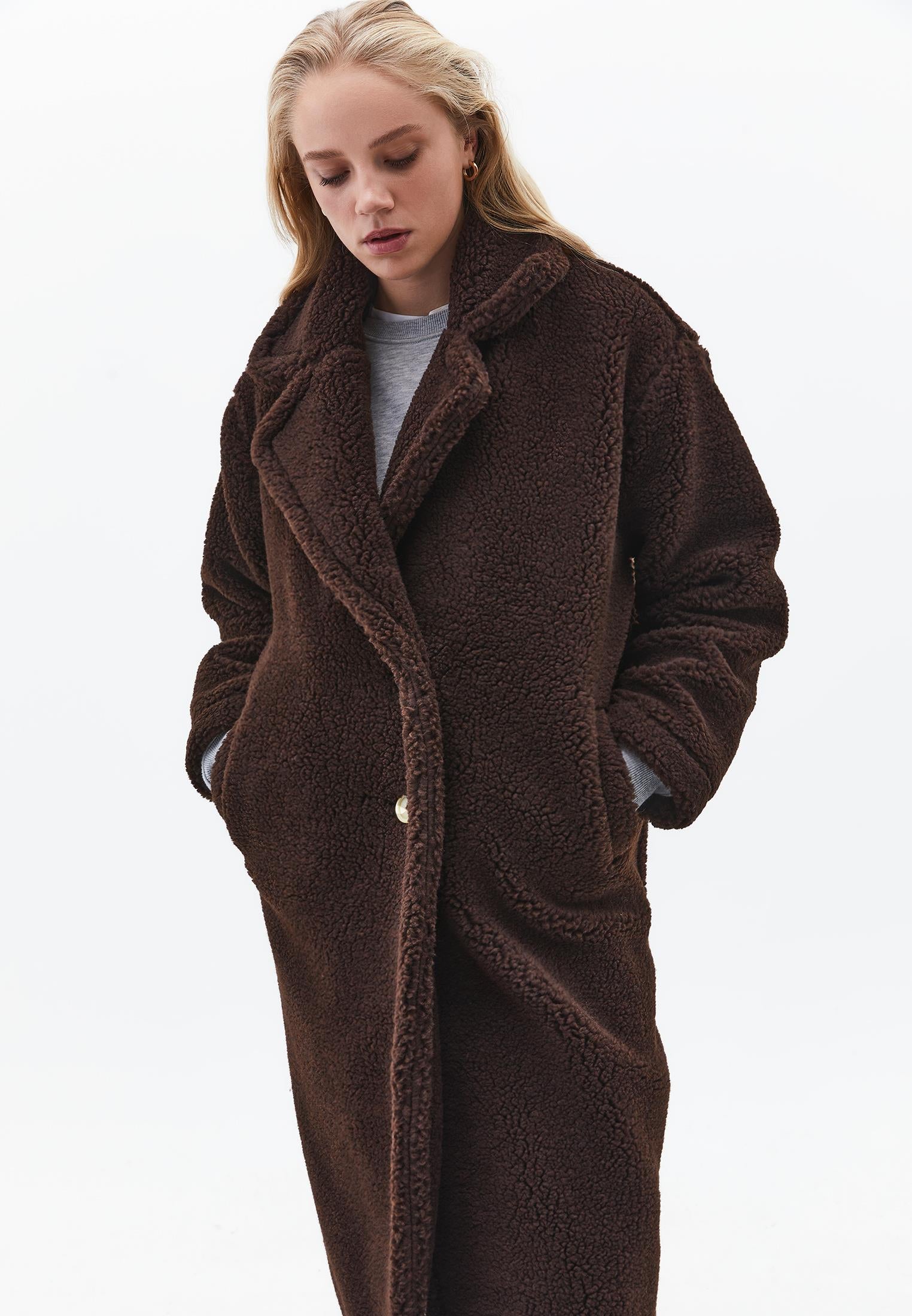 V Neck Long Sleeve Tunic Coat - CHOCOLATE TORTE