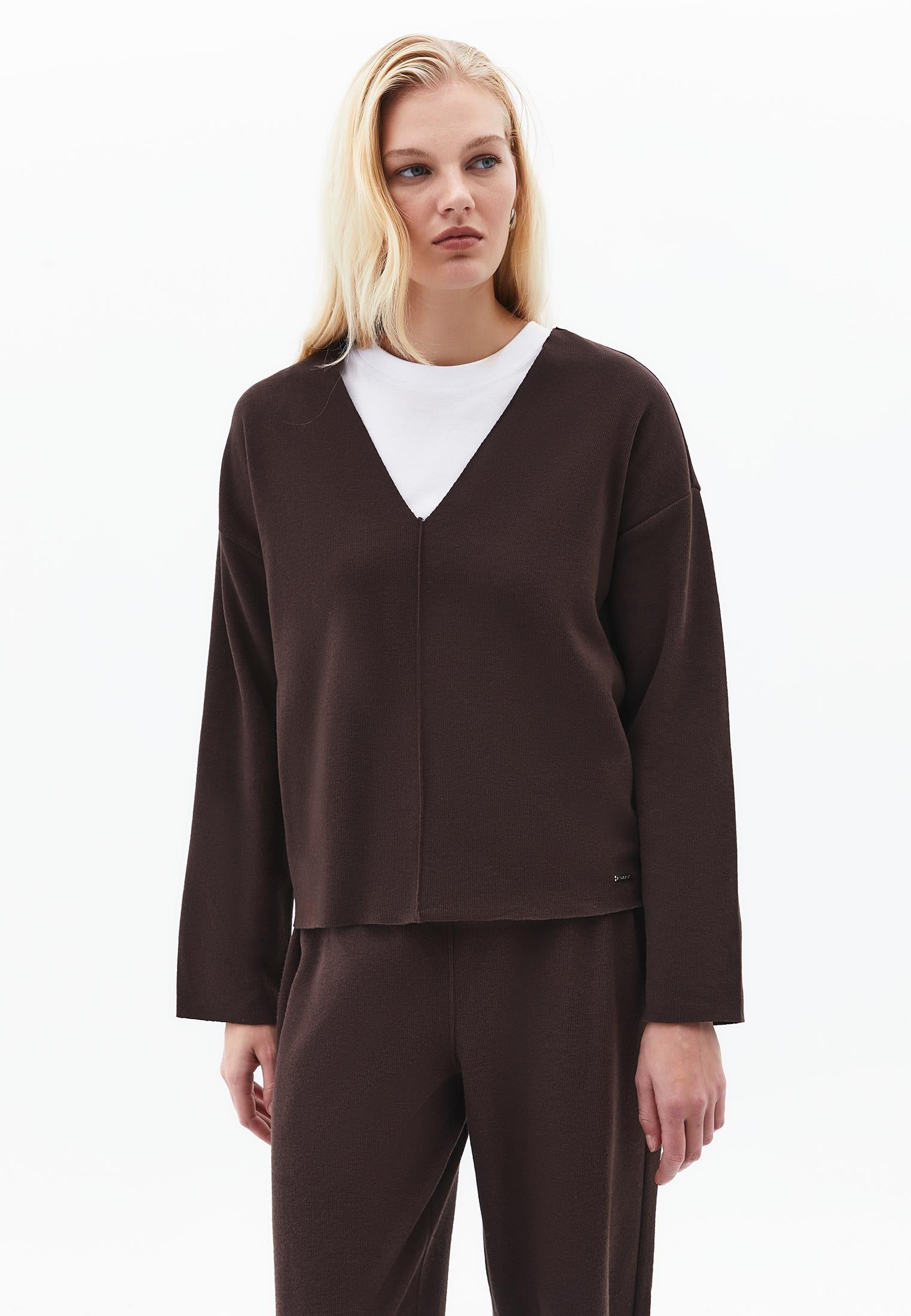 Loose V-Neck Sweater - CHOCOLATE TORTE