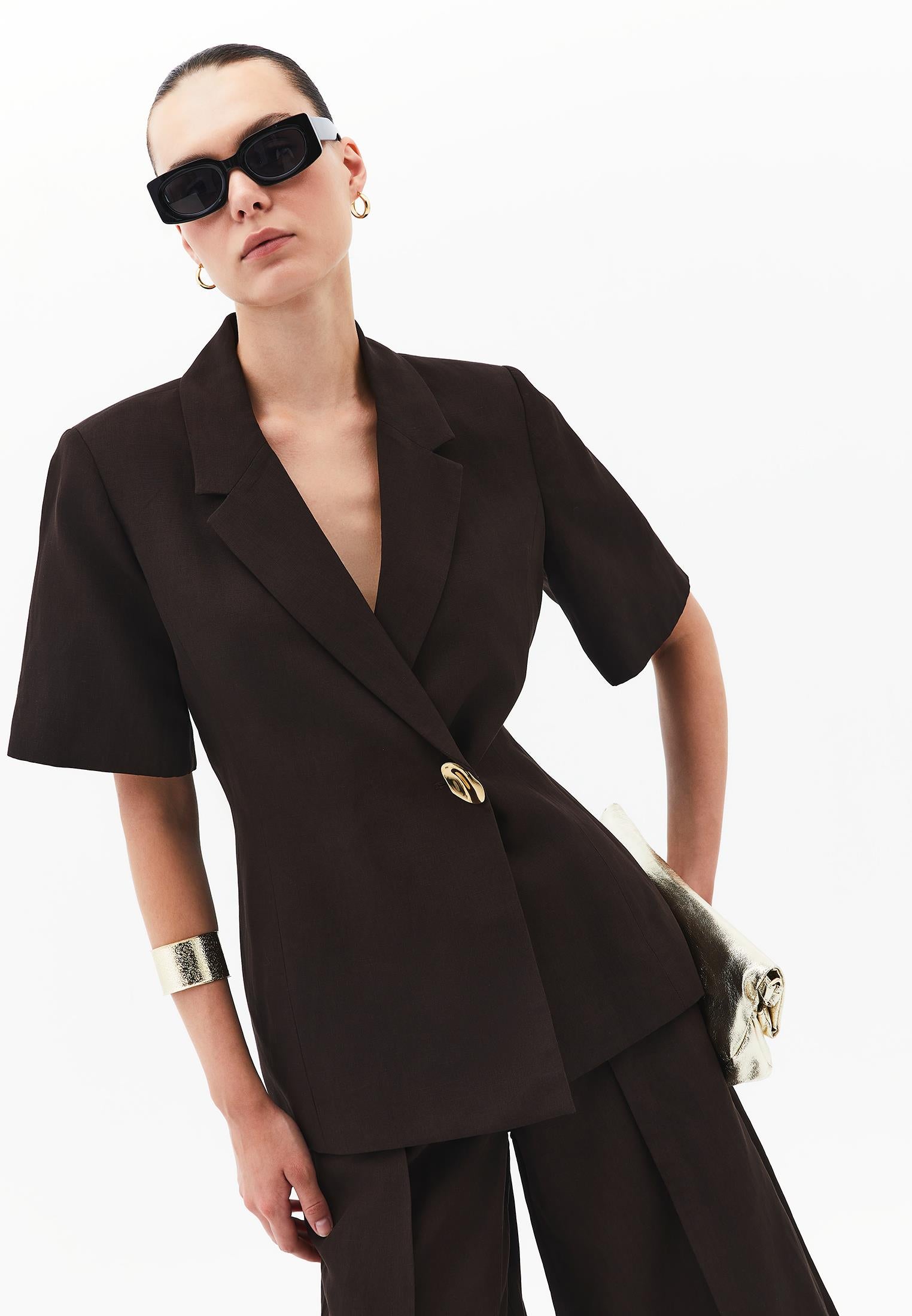 Short Sleeve Wrap Collar Button Detailed Blazer Jacket - CHOCOLATE TORTE