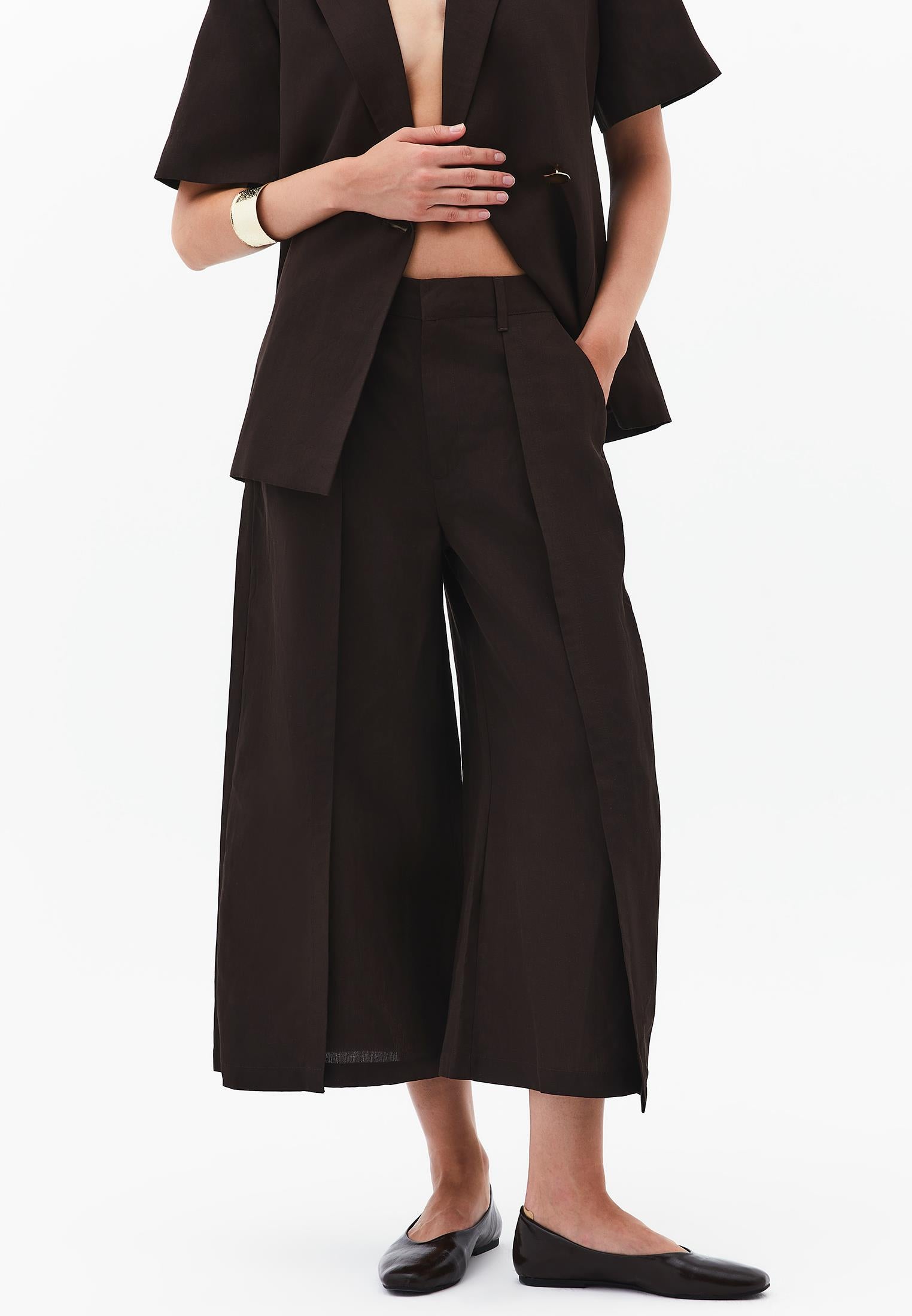 Pleated High Waist Cropped Culotte Pants - CHOCOLATE TORTE