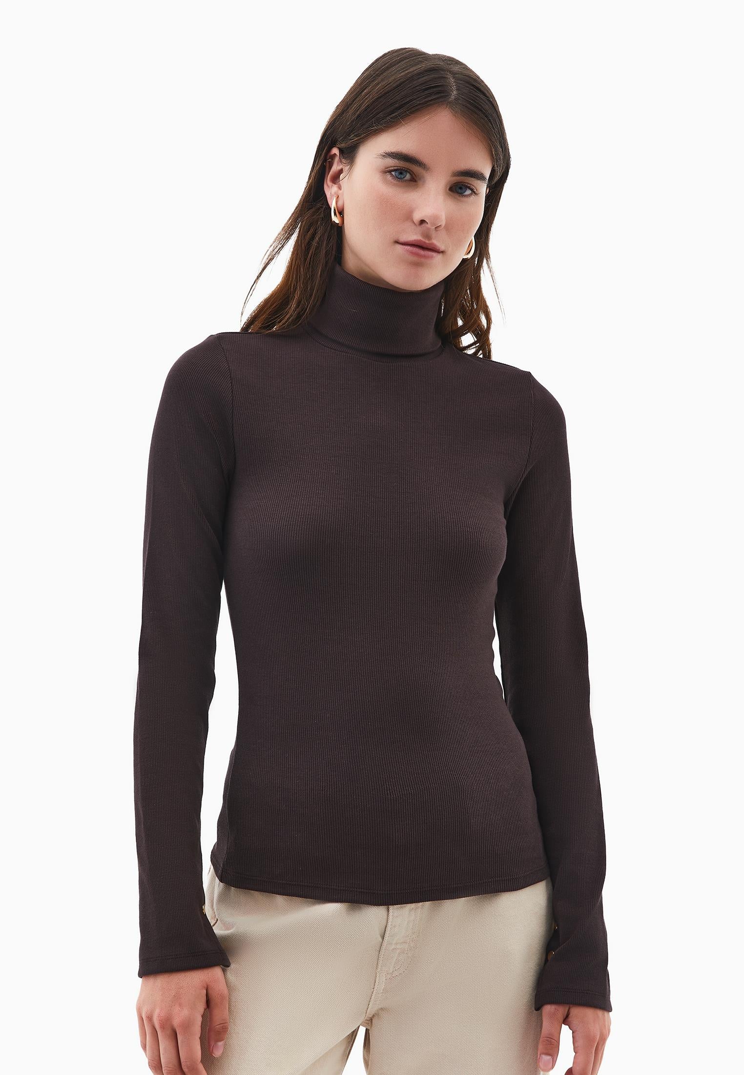Turtleneck Long Sleeve Bodycon Top - CHOCOLATE TORTE