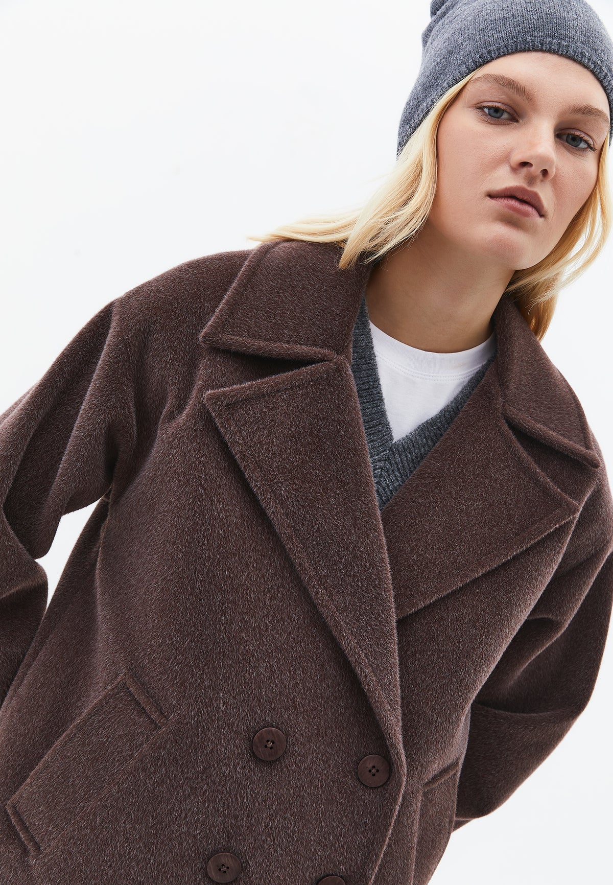 Double-Breasted Collar Button Detailed Coat - CHOCOLATE TORTE