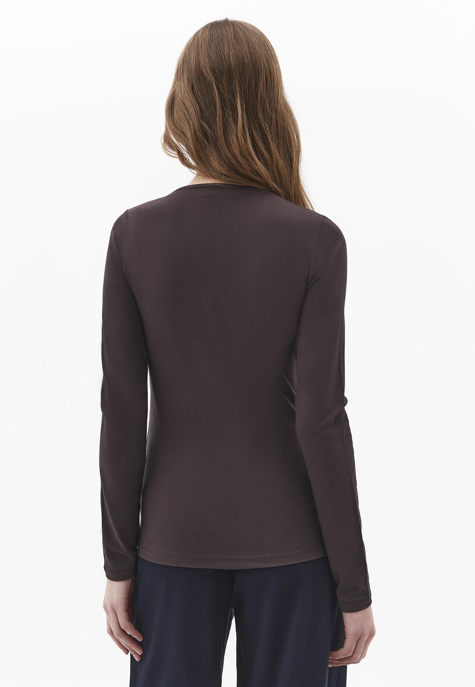V Neck Long Sleeve Bodycon T-Shirt - CHOCOLATE TORTE