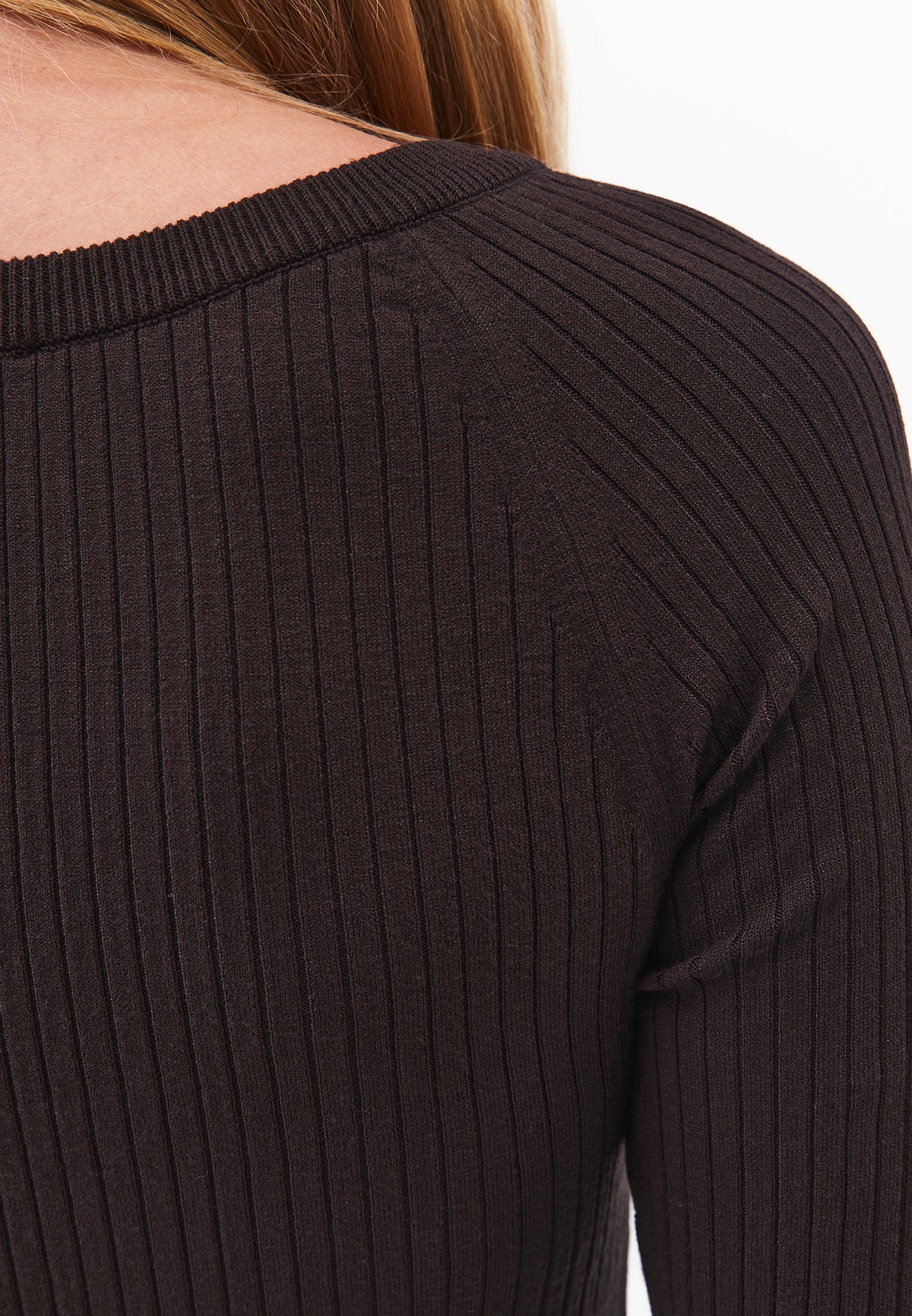 Ribbed Knit Sweater with Boat Neck and Raglan Sleeve - CHOCOLATE TORTE