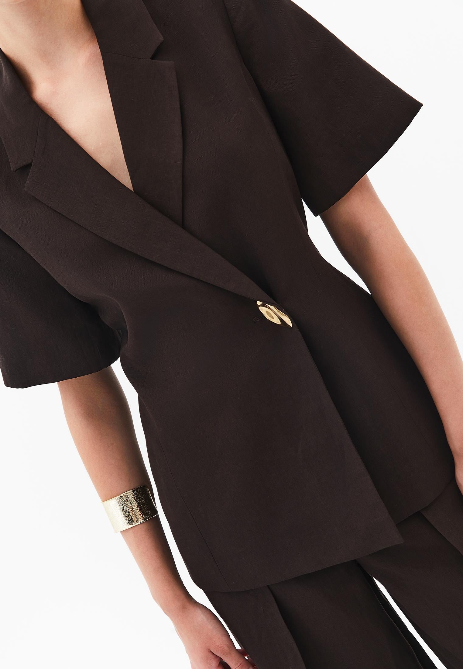 Short Sleeve Wrap Collar Button Detailed Blazer Jacket - CHOCOLATE TORTE