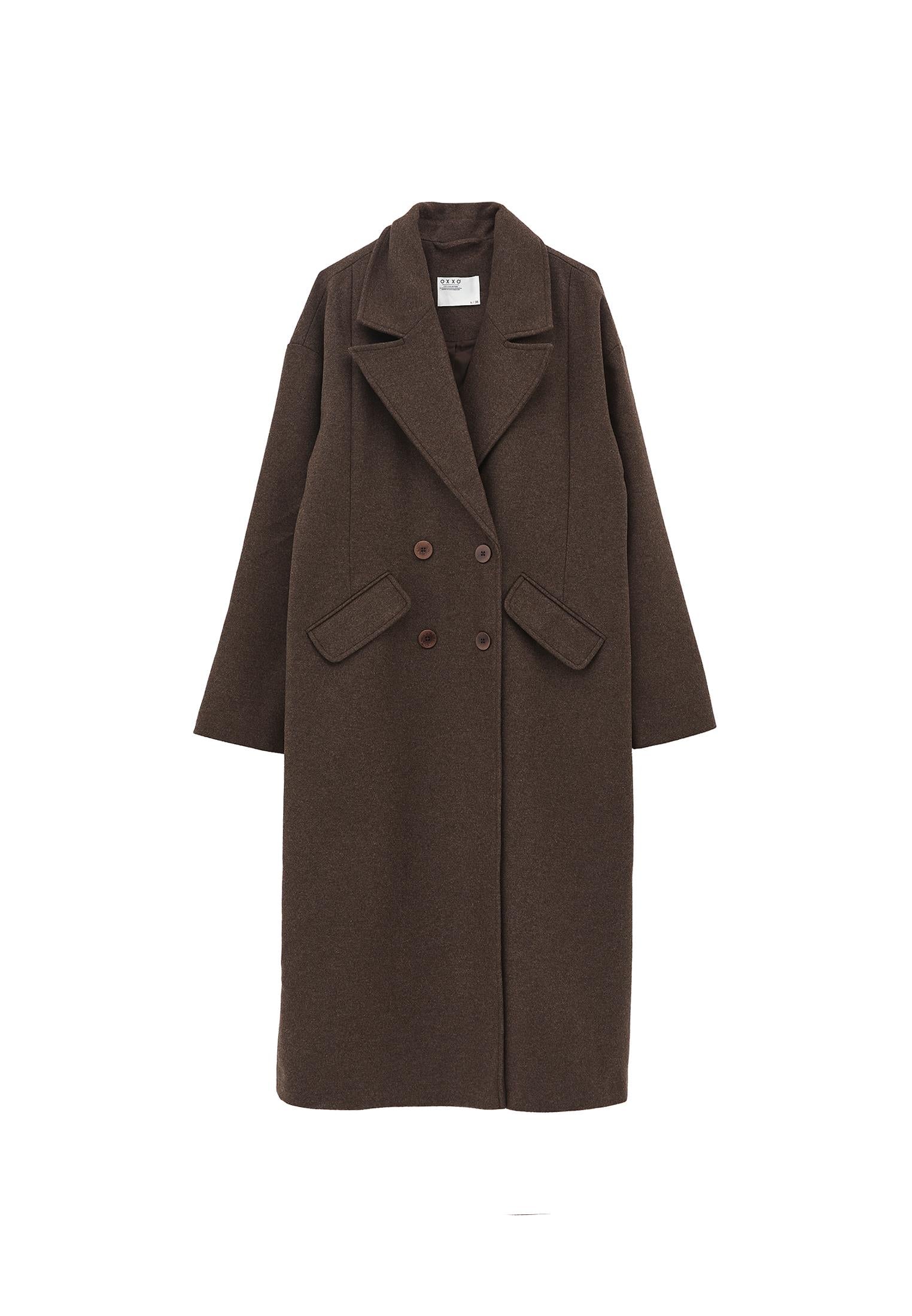 Long Coat With Shawl Collar And Pocket Details - CHOCOLATE TORTE